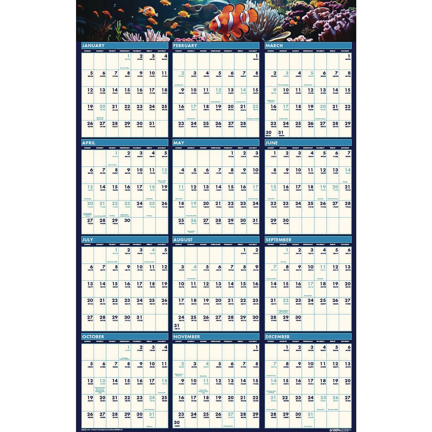 House of Doolittle™ Earthscapes Recycled Reversible/Erasable Yearly Wall Calendar, Sea Life Photos, 24 x 37, White Sheets, 12-Month(Jan-Dec):2025