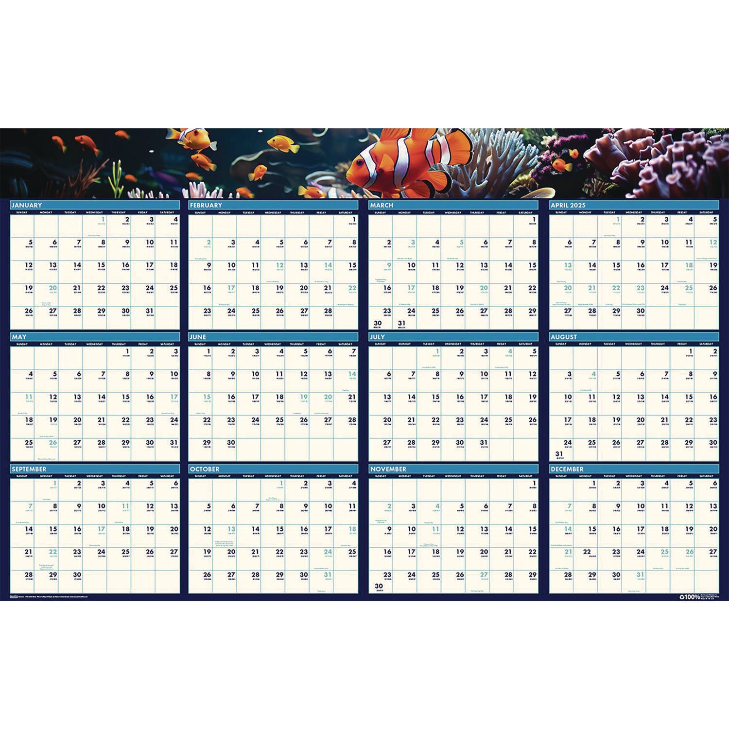 House of Doolittle™ Earthscapes Recycled Reversible/Erasable Yearly Wall Calendar, Sea Life Photos, 24 x 37, White Sheets, 12-Month(Jan-Dec):2025