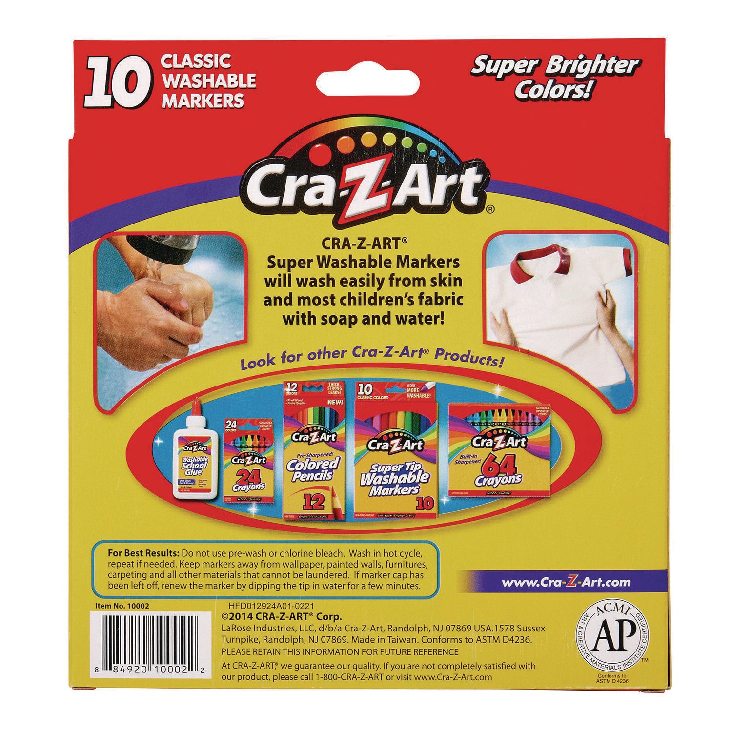 Cra-Z-Art® Super Washable Markers, Broad Bullet Tip, Assorted Colors, 10/set