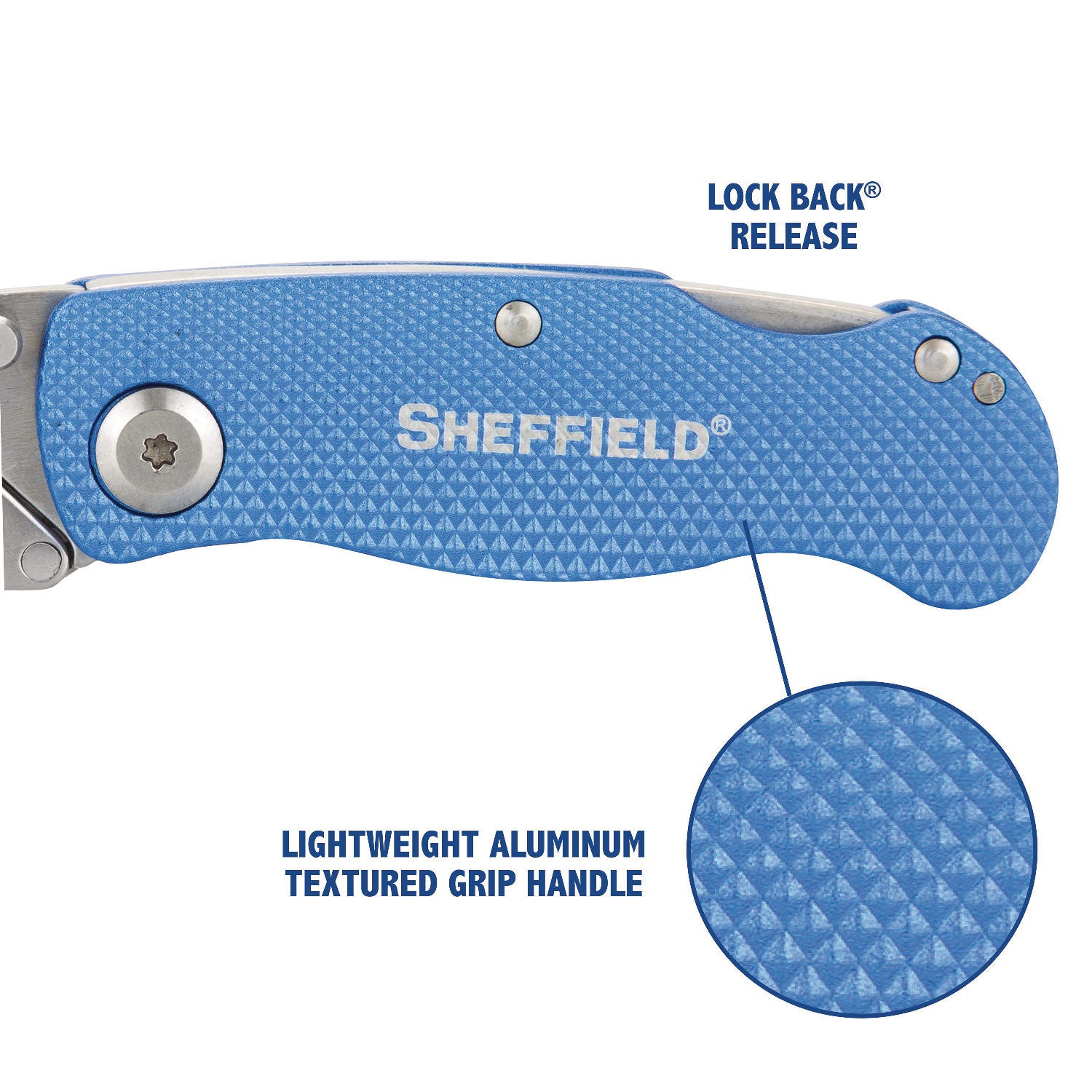 Great Neck® Sheffield Folding Lockback Knife, 1 Utility Blade, 2" Blade, 3.5" Aluminum Handle, Blue