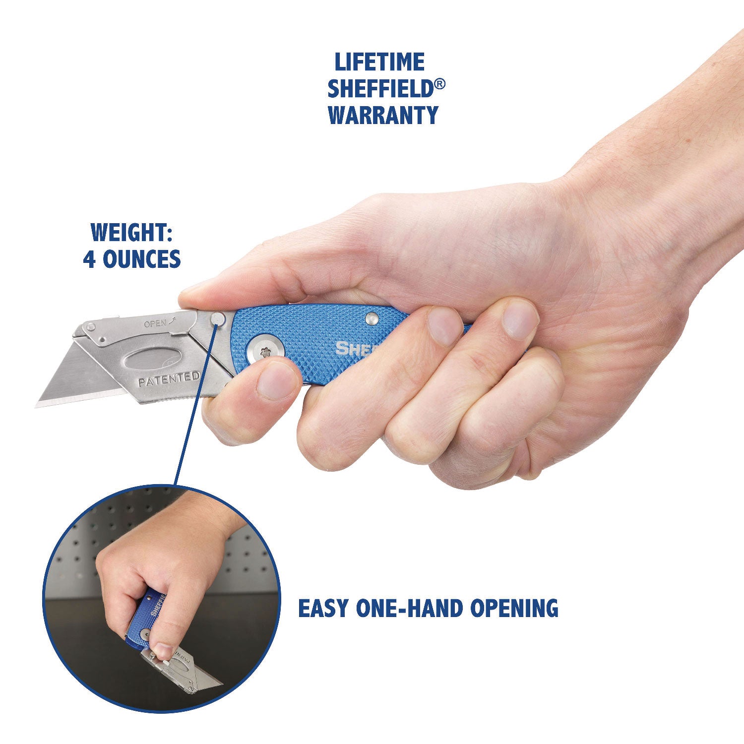 Great Neck® Sheffield Folding Lockback Knife, 1 Utility Blade, 2" Blade, 3.5" Aluminum Handle, Blue