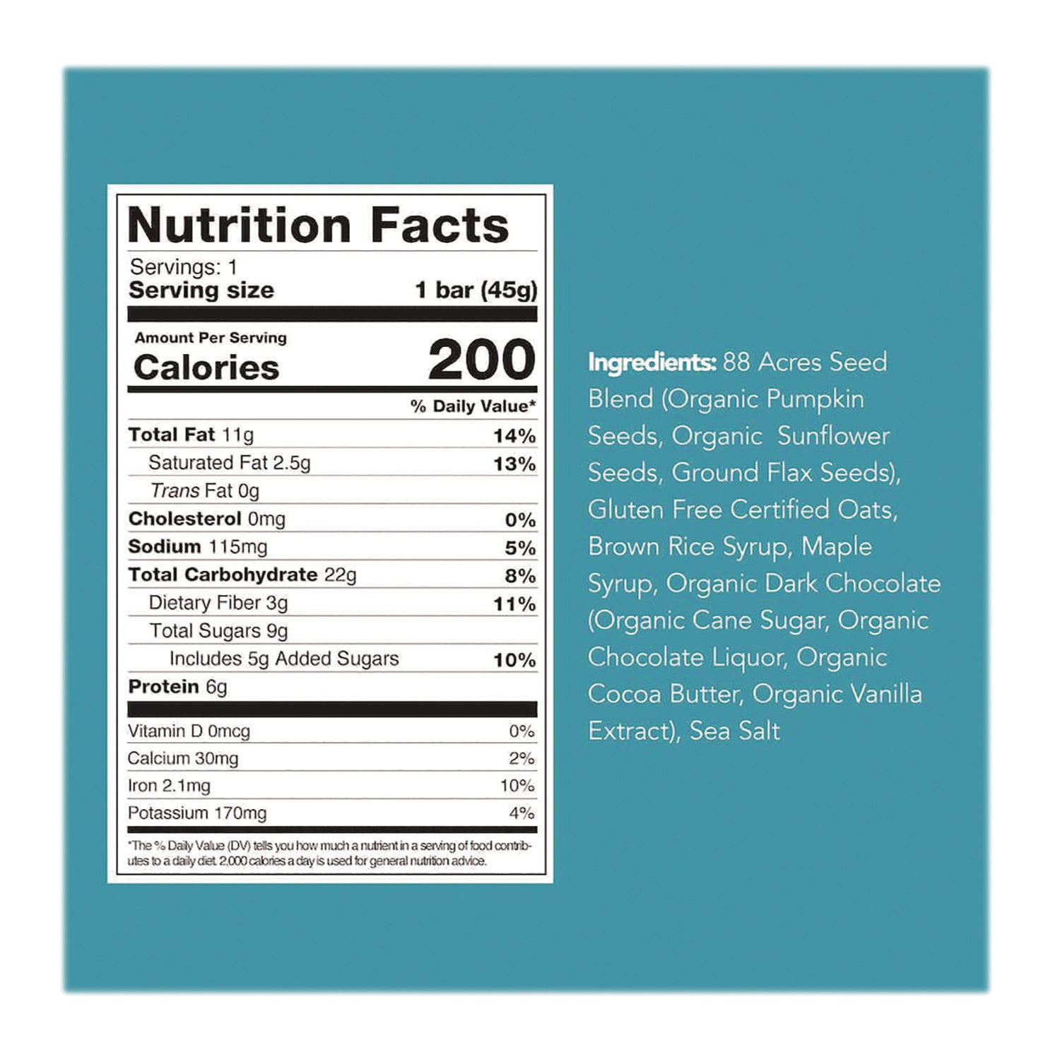 88 ACRES Sweet 'N Salty Gluten-Free Dark Chocolate Sea Salt Seed and Oat Bar, 1.6 oz Bar, 9/Box