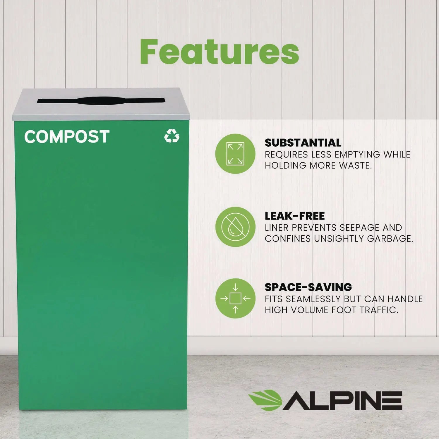 29 Gallon Trash/Recycling Cans, Steel, Green Compost Can with Mixed Lid Alpine Industries Flipcost