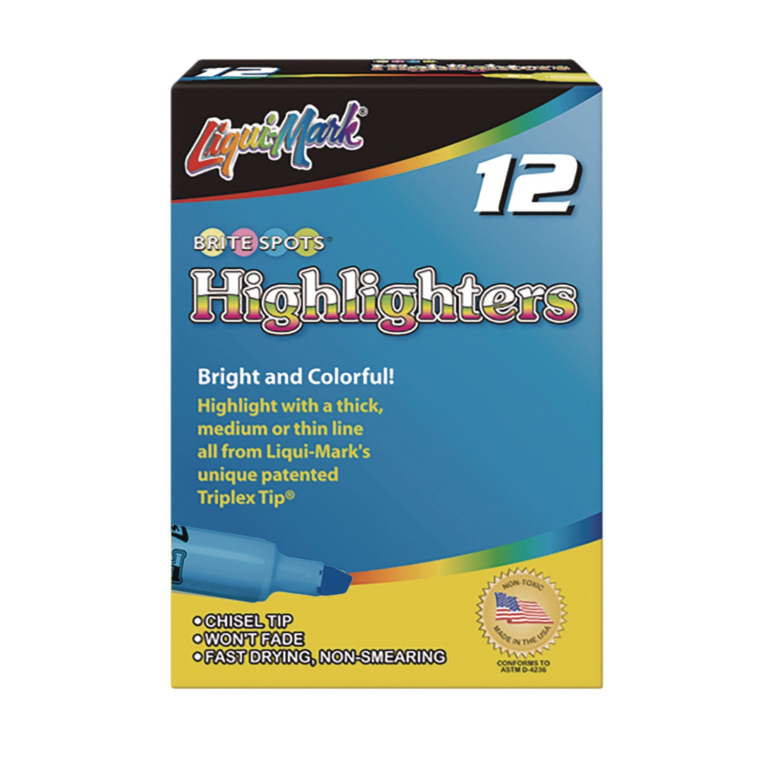 Liqui-Mark® Tank Fluorescent Highlighter, Blue Ink, Chisel Tip, Blue Barrel, Dozen