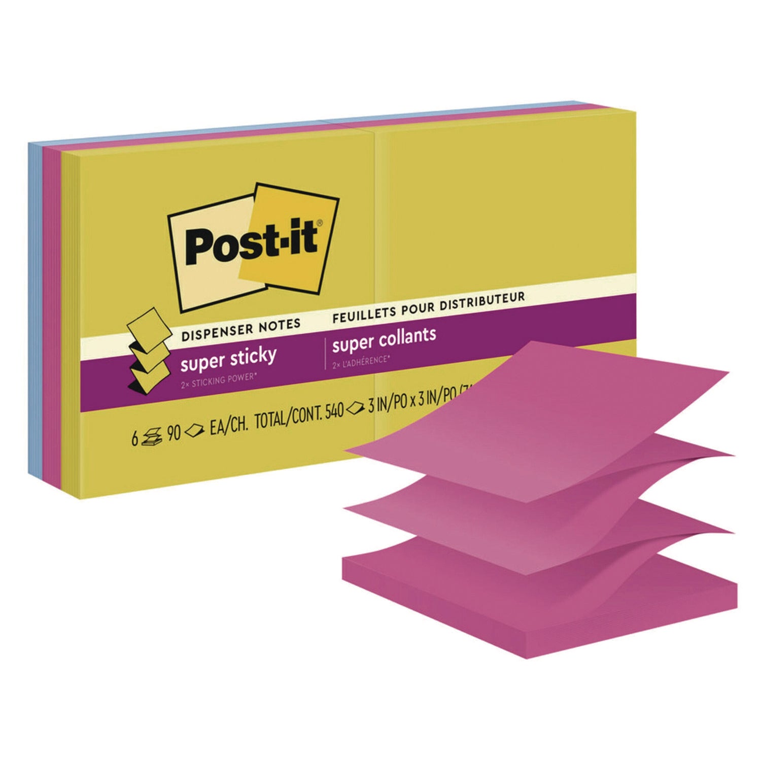 Post-it® Pop-up Notes Super Sticky Pop-Up Notes Summer Joy Collection Colors, 3" x 3", Assorted Colors, 90 Sheets/Pad, 6 Pads/Pack