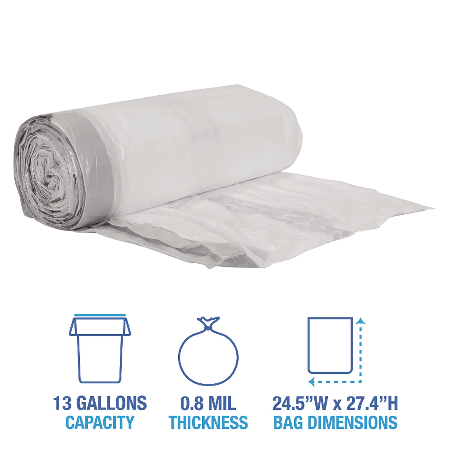 Boardwalk® Drawstring Kitchen Bags, Drawstring, 13 gal, 24" x 28", White, 50 Bags/Roll, 2 Rolls/Carton