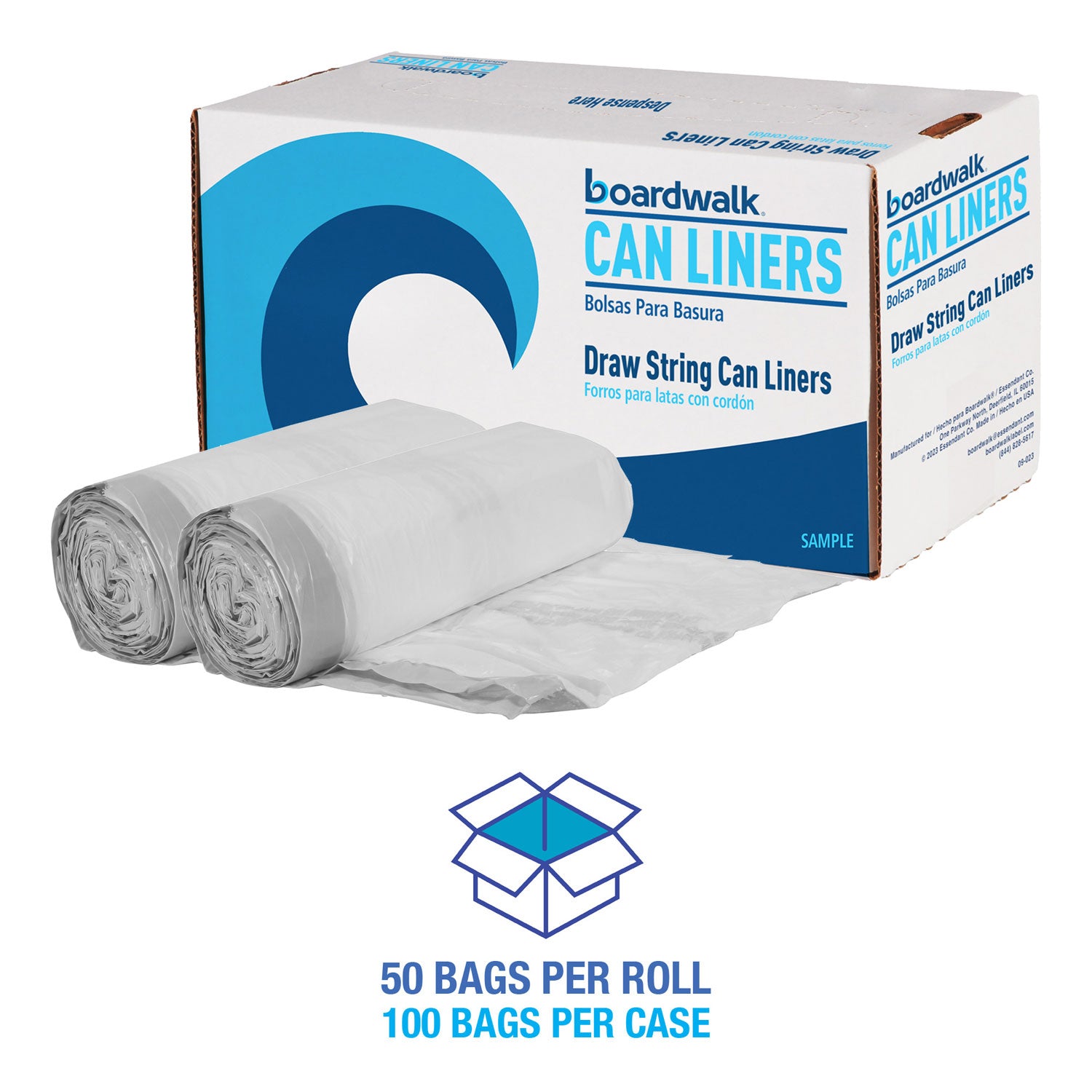 Boardwalk® Drawstring Kitchen Bags, Drawstring, 13 gal, 24" x 28", White, 50 Bags/Roll, 2 Rolls/Carton