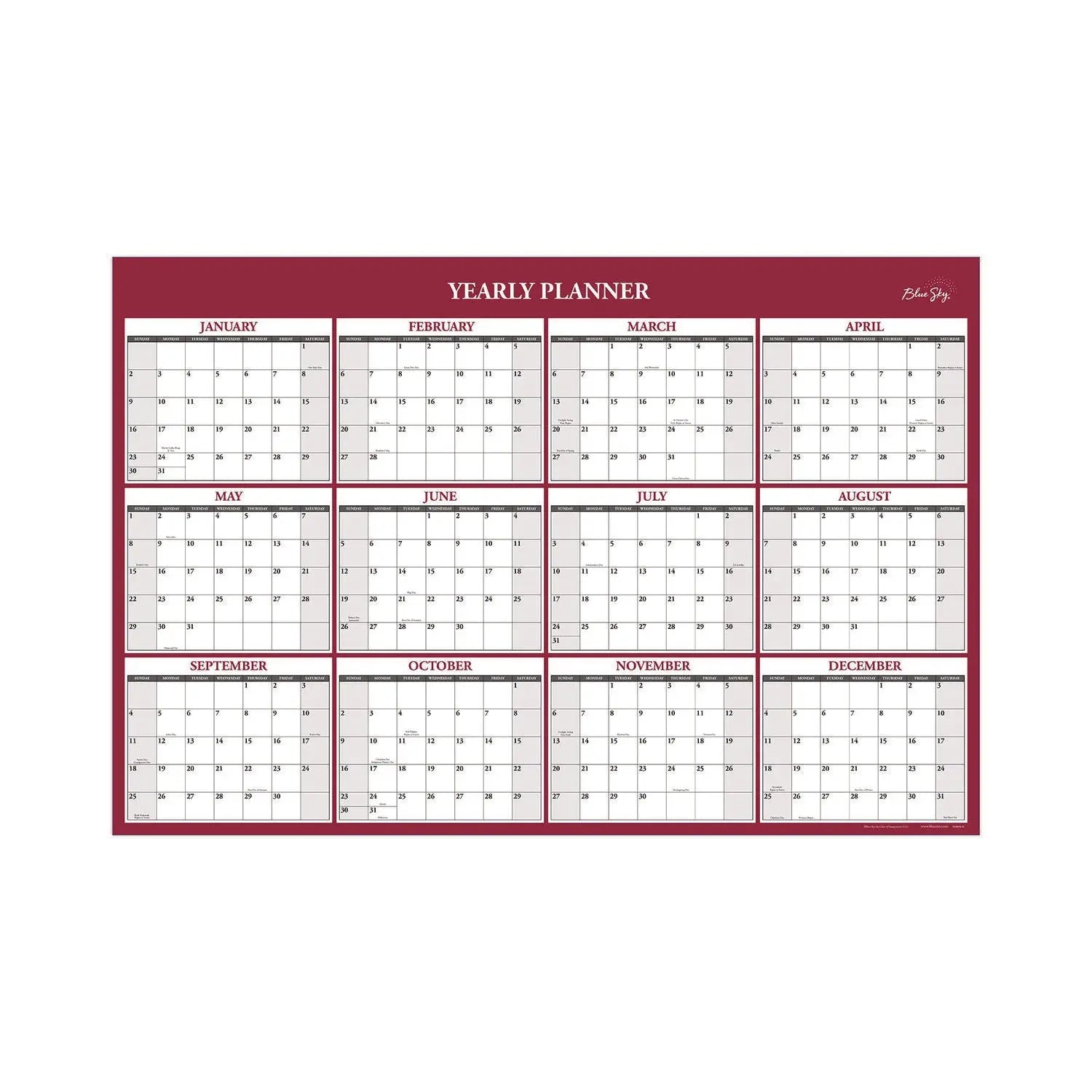Classic Red Laminated Erasable Wall Calendar, 36 x 24, White/Red/Gray Sheets, 12-Month (Jan to Dec): 2025