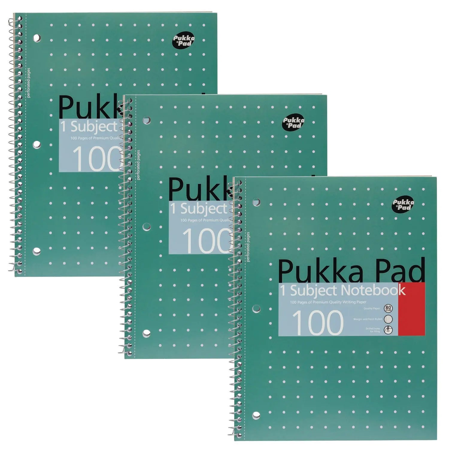 Letter Size 1-Subject Notebook, Medium/College Rule, Metallic Green Cover with White Dots, (50), 10.5 x 8 Sheets, 3/Pack