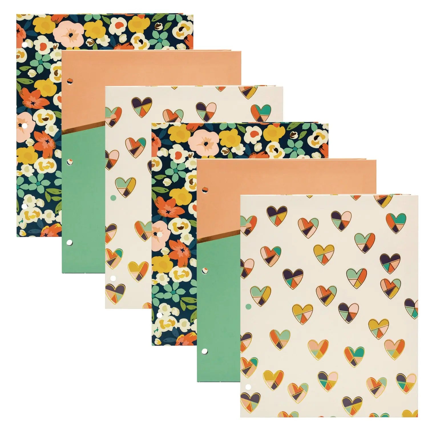Two-Pocket Portfolio Folder, 1" Capacity, 9.6 x 11.9, Floral/Geometric/Hearts, 6/Pack