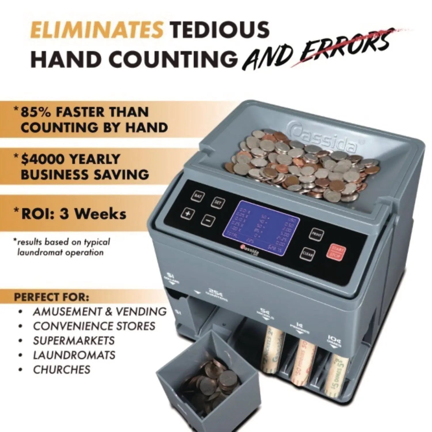 C300 Series Coin Sorter/Counter, 300 Coins/Min, 11" x 11" x 10", Gray Cassida Flipcost