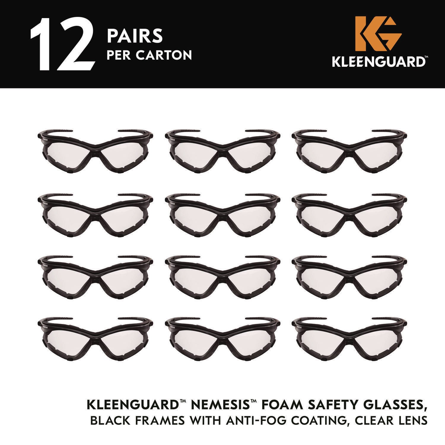 KleenGuard™ V30 Nemesi Foam Safety Glasses, Black Nylon Frame, Clear Polycarbonate Lens, 12/Carton