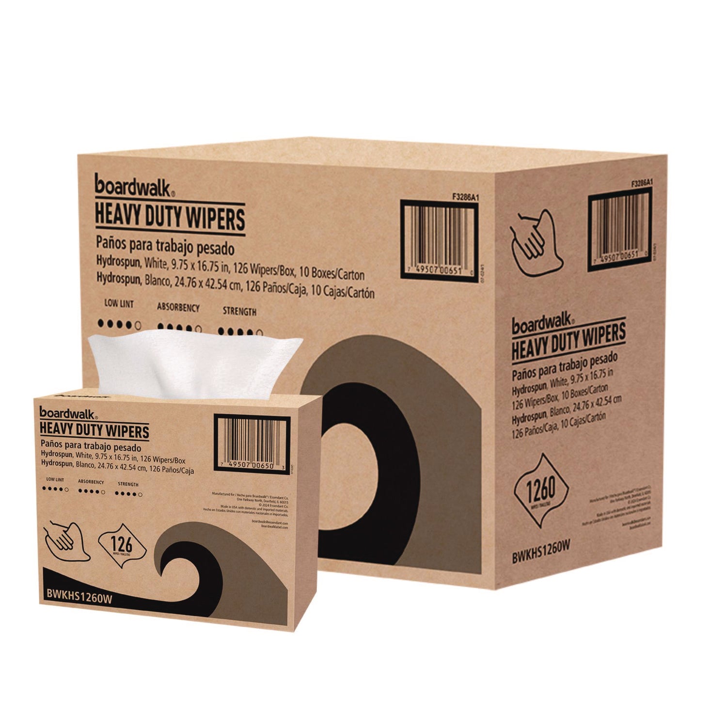 Boardwalk® Hydrospun Wipers, 1-Ply, 9.75 x 16.75, White, 126/Box, 10 Boxes/Carton