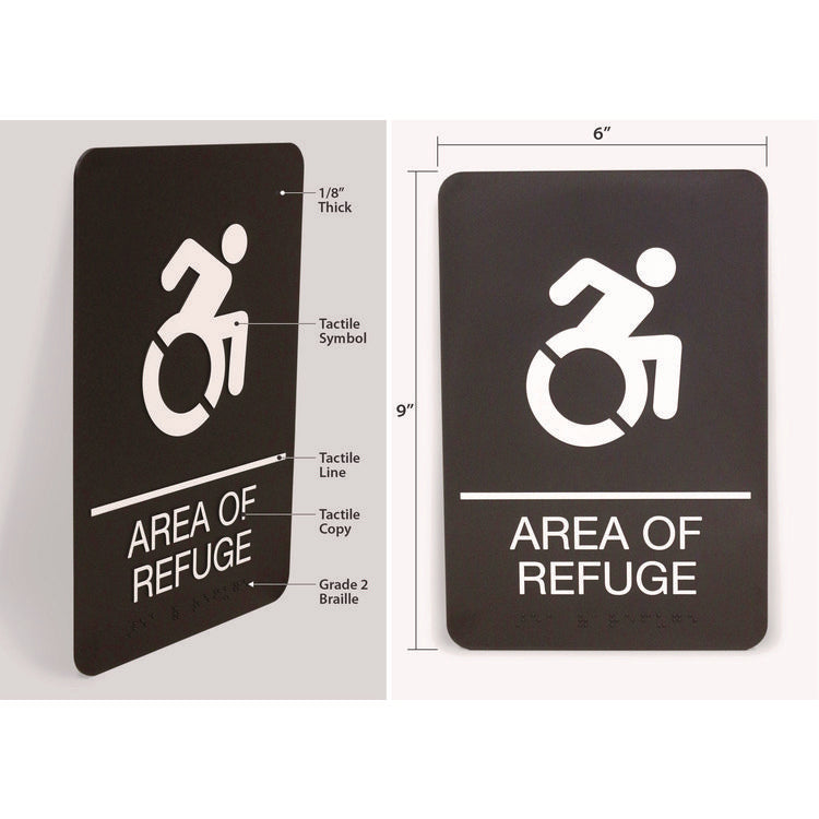 Headline® Sign ADA Sign, Area of Refuge, 6 x 9, Black Face, White Graphics