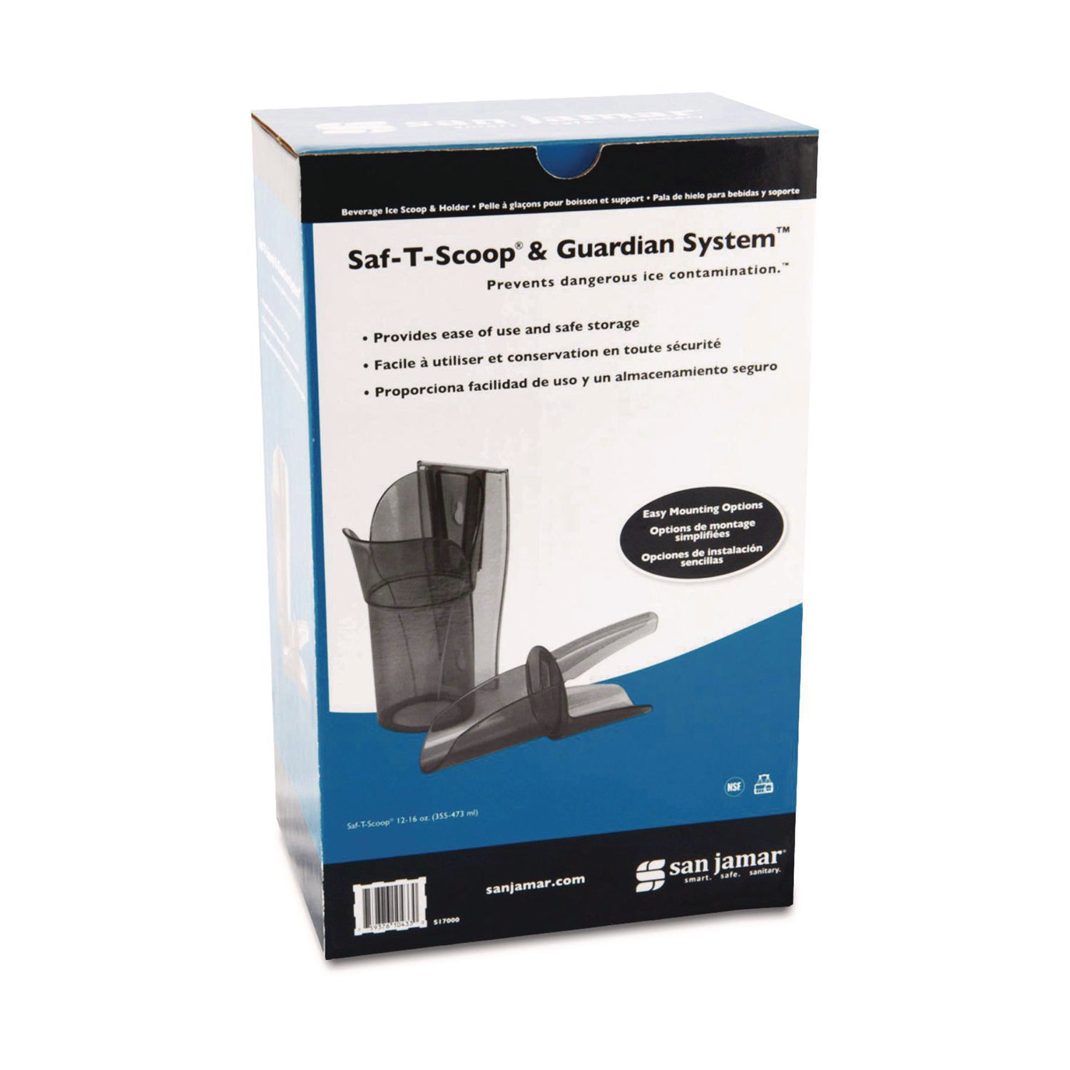 San Jamar® Saf-T-Scoop and Guardian System for Ice Machines, 12 oz to 16 oz Ice Scoop, Transparent Blue, 50/Carton