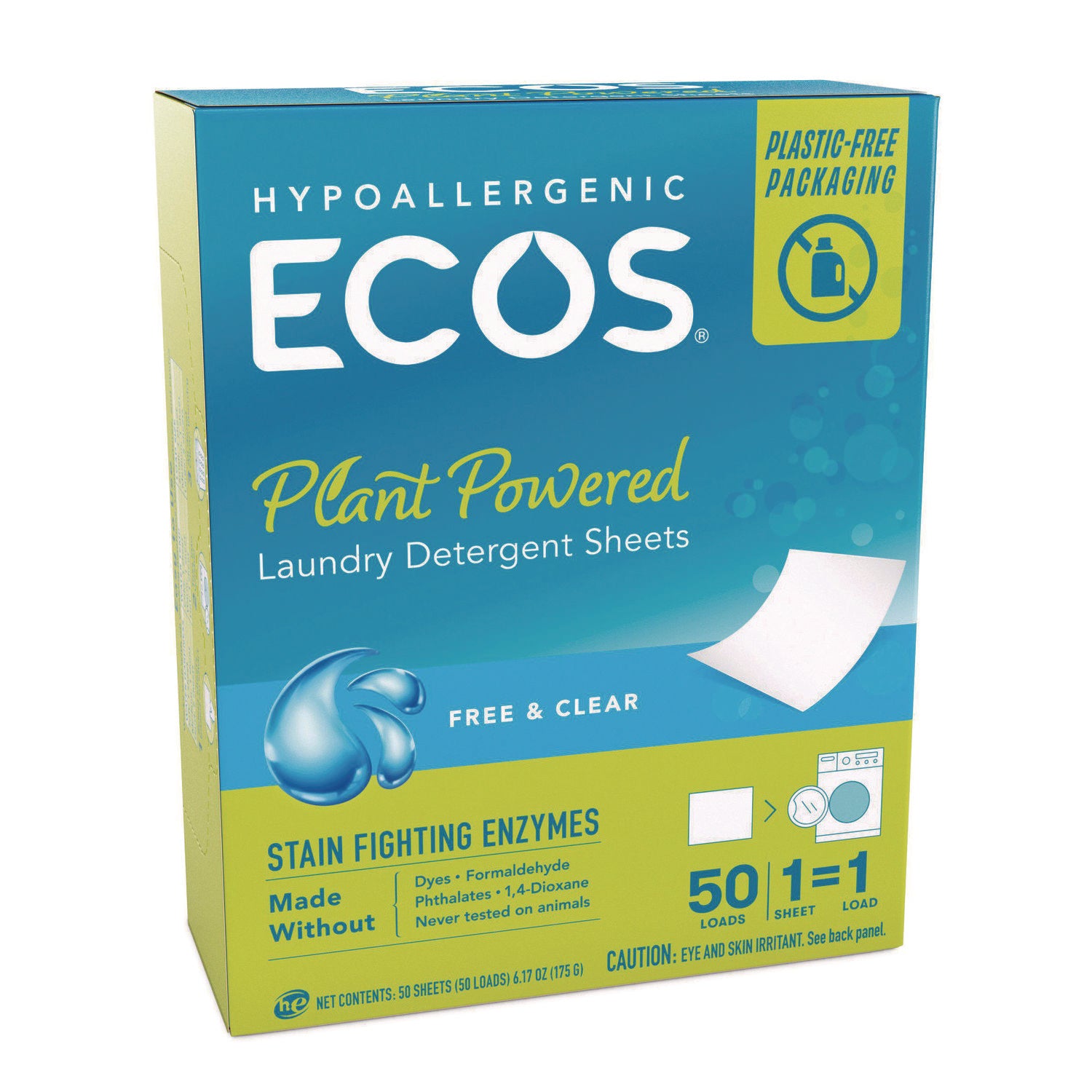 ECOS® Liquidless Laundry Detergent Sheets, Free and Clear, 50 Sheets/Pack, 10 Packs/Carton