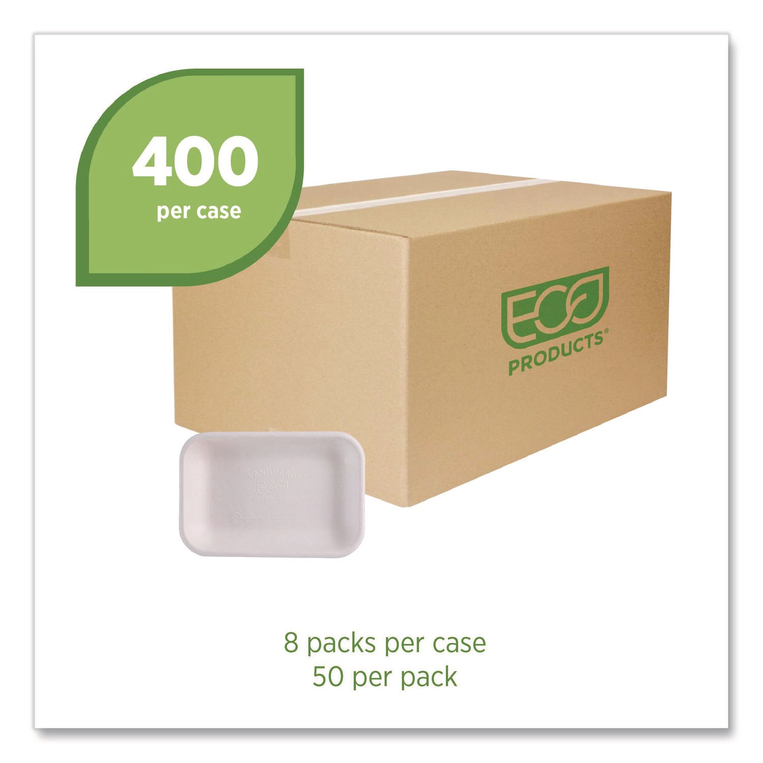 Eco-Products® WorldView Vanguard Rectangular Container, 12 oz, 7 x 4.75 x 1, Sugarcane Fiber, White, 400/Carton