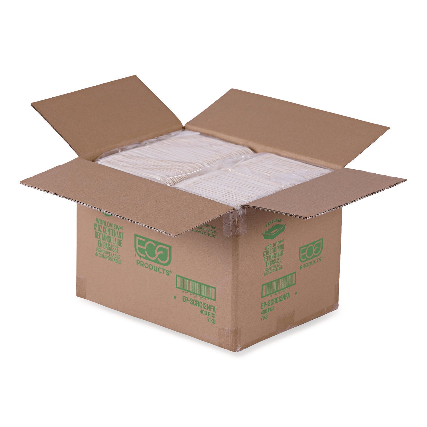 Eco-Products® WorldView Vanguard Rectangular Container, 12 oz, 7 x 4.75 x 1, Sugarcane Fiber, White, 400/Carton