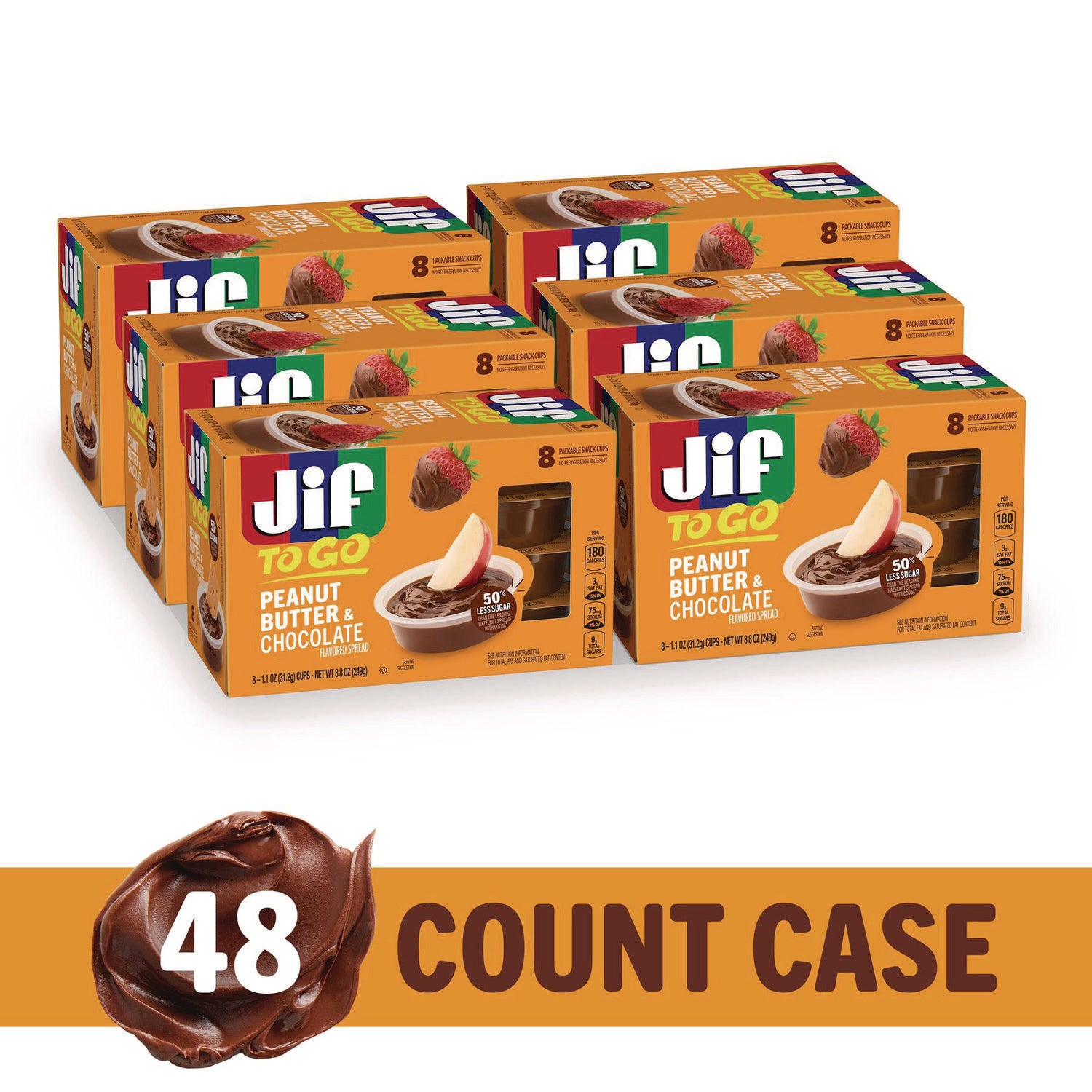 Jif To Go® Chocolate Peanut Butter, Chocolate, 1.1 oz Cups, 8 Cups/Pack, 6 Packs/Carton
