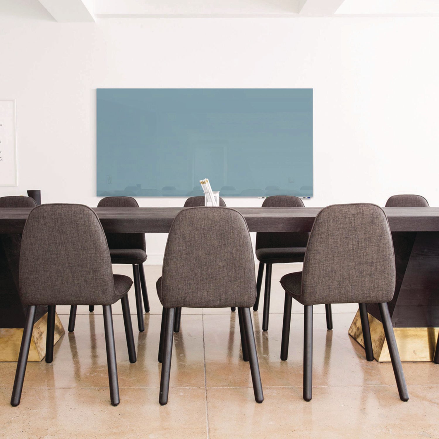 Ghent Aria Low-Profile Frameless Magnetic Glassboard, 96" x 48", Denim Blue Surface