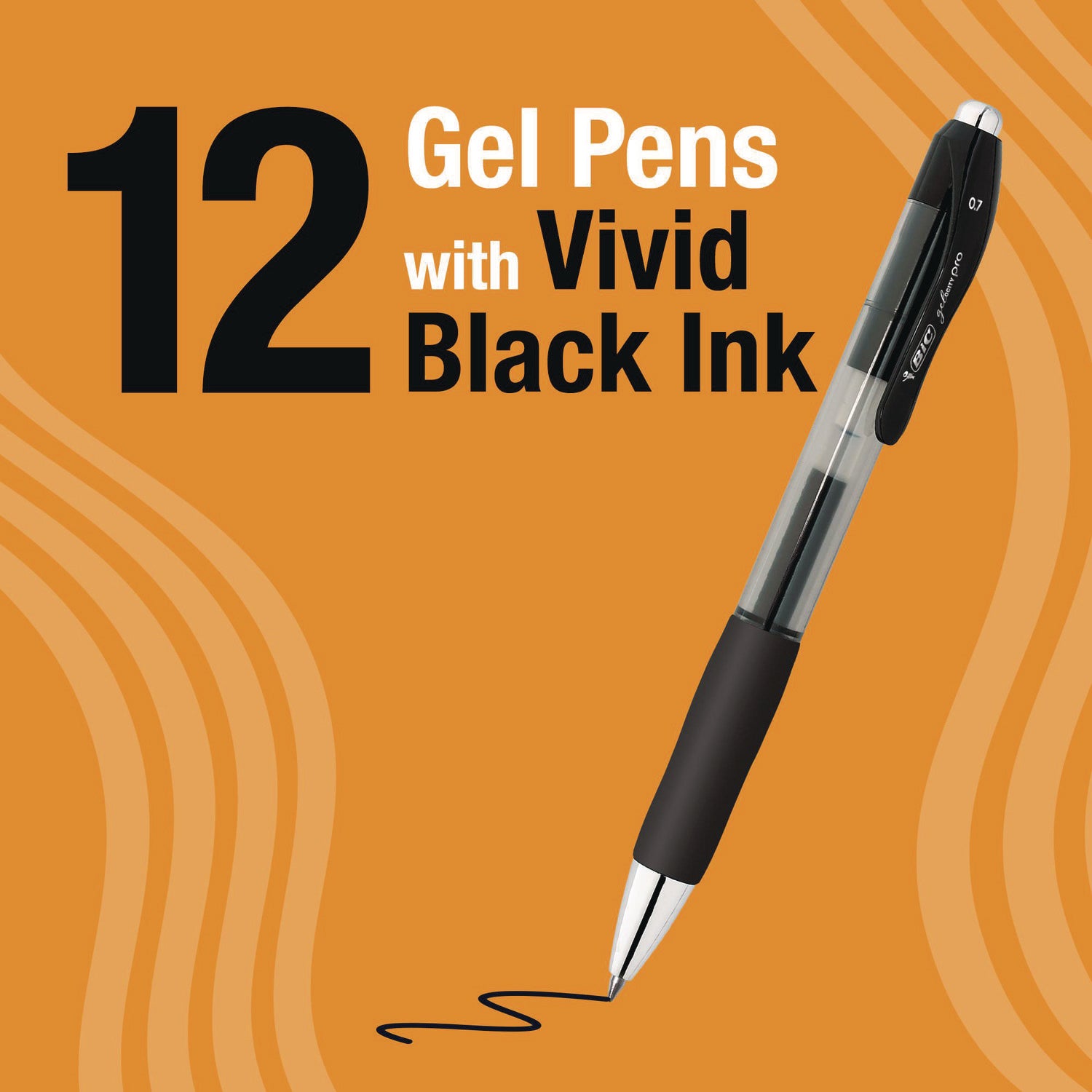 BIC® Gel-ocity Pro Quick Dry Gel Pen, Retractable, Medium 0.7 mm, Black Ink, Black/Clear Barrel, 12/Pack