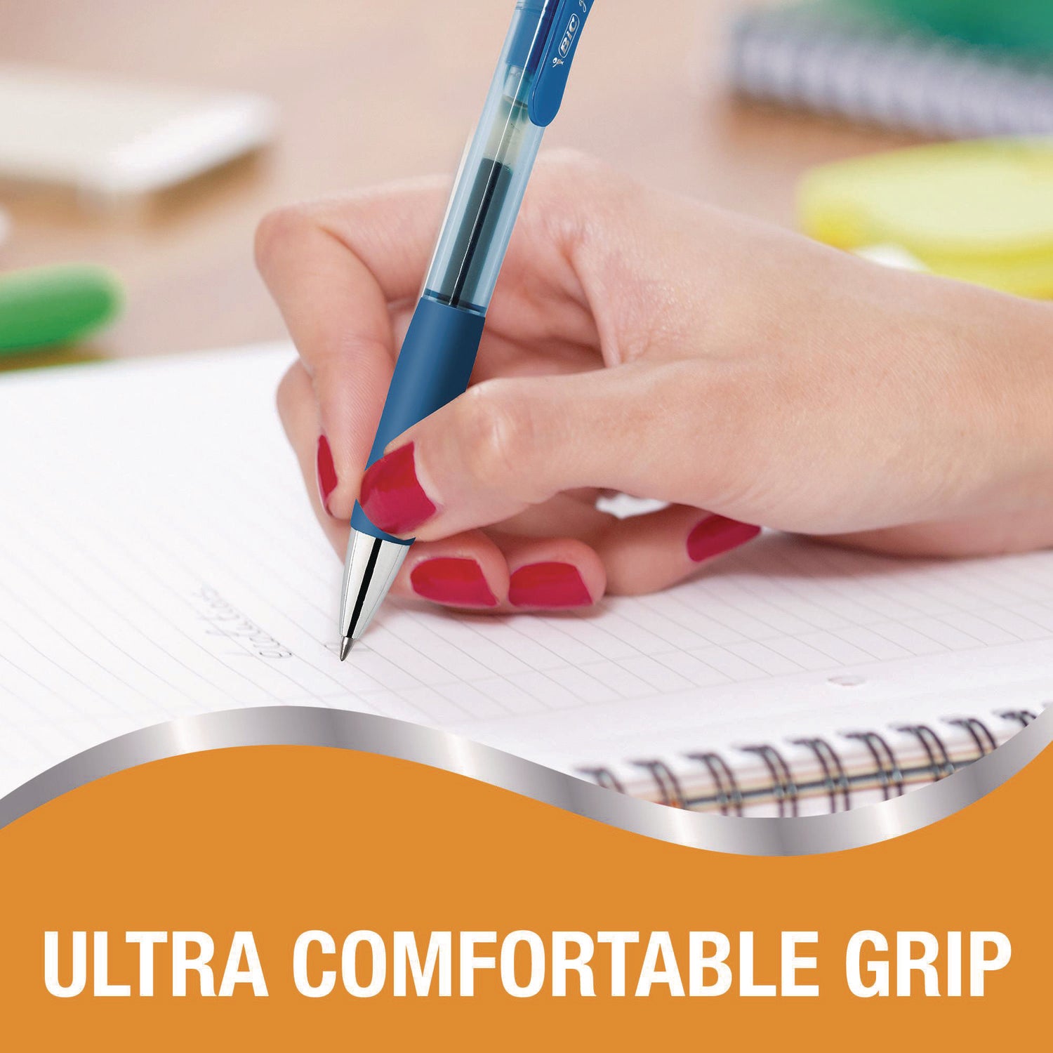 BIC® Gel-ocity Pro Quick Dry Gel Pen, Retractable, Medium 0.7 mm, Blue Ink, Blue/Clear Barrel, 12/Pack