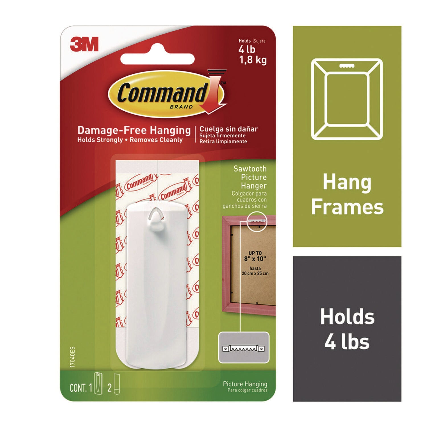 Command™ Sawtooth Picture Hanger, One Hanger, Two Strips, White, Supports 4 lbs