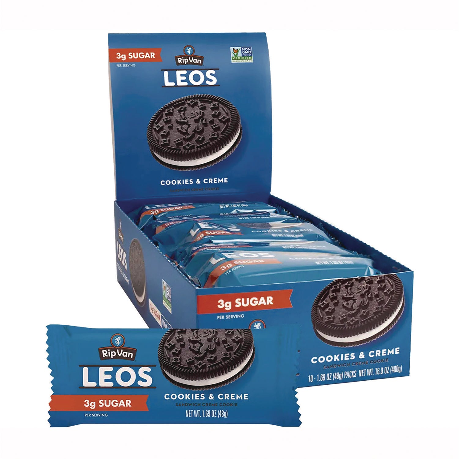 Rip Van® Leos Cookies and Cream Sandwich Cookies, 2 Cookies/Pack, 10 Packs/Box