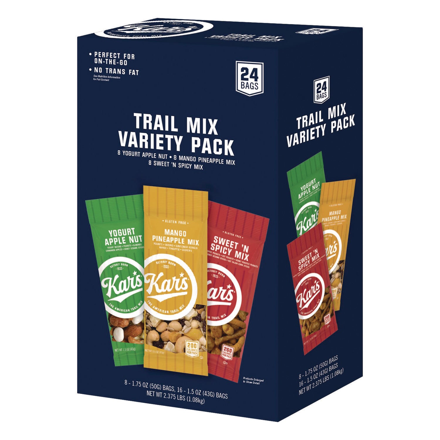 Kar's Trail Mix Variety Pack, Mango Pineapple/Sweet 'N Spicy/Yogurt Apple Nut, 24 Packets/Box
