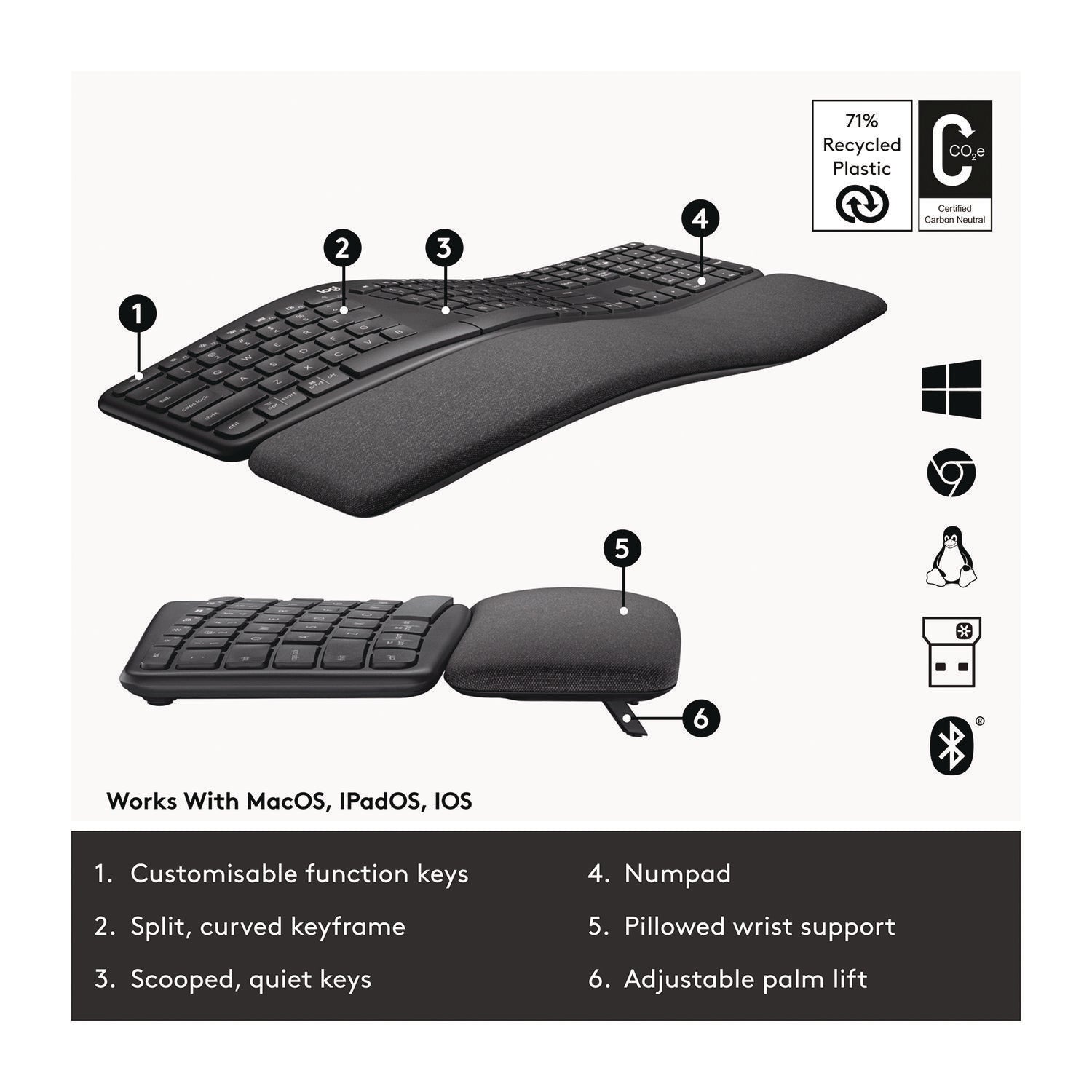 Logitech® ERGO K860 Wireless Keyboard, Graphite