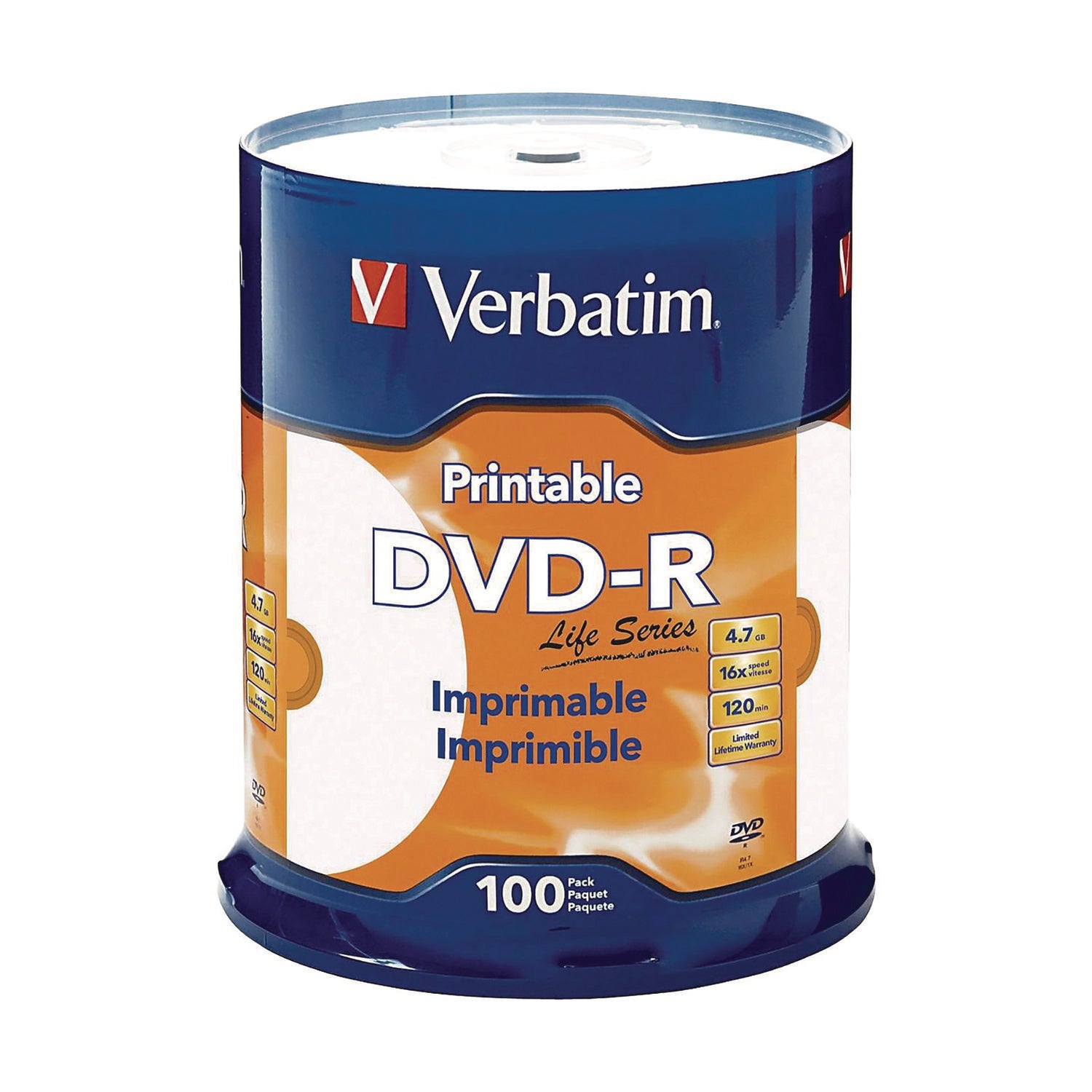 Verbatim® DVD-R LifeSeries Inkjet Printable Disc, 4.7 GB, 16x, Spindle, White, 100/Pack