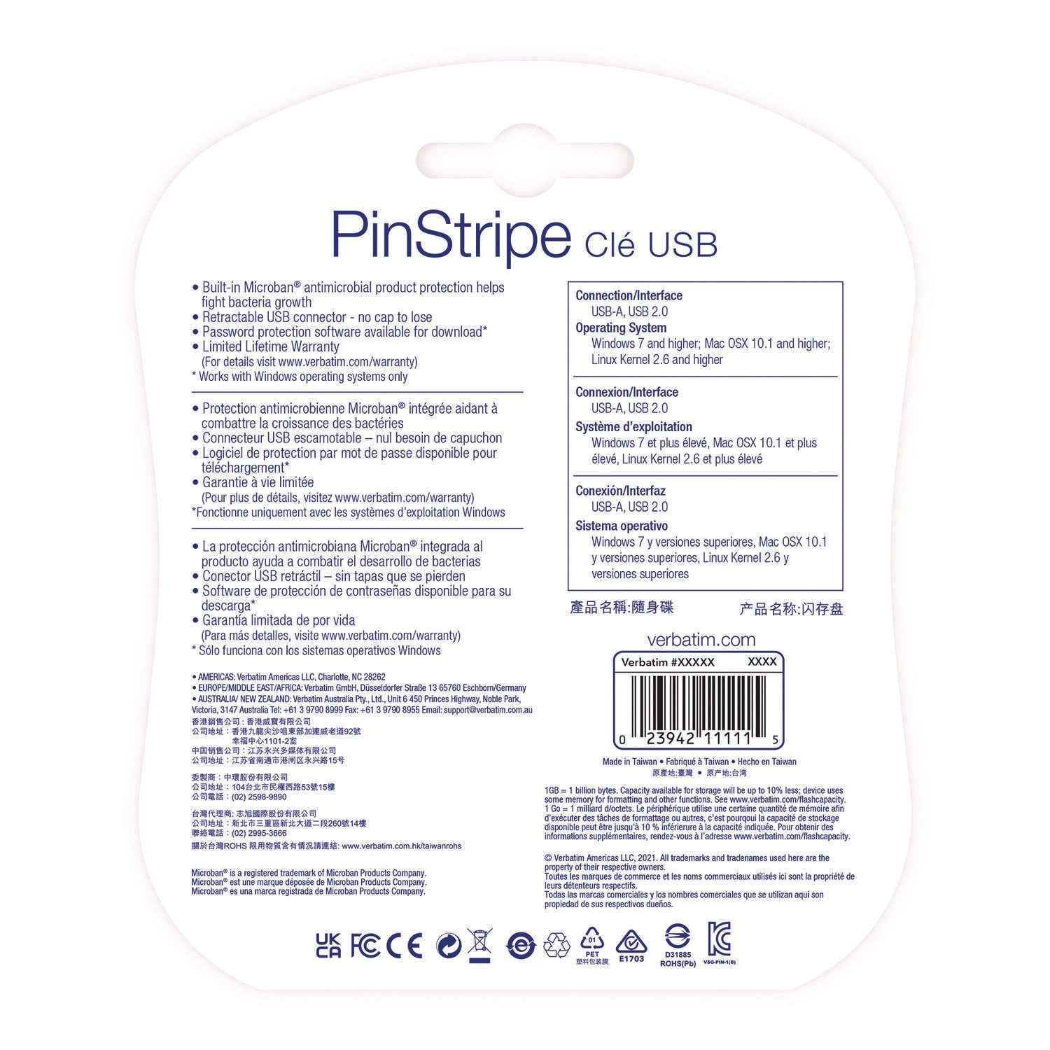 Verbatim® PinStripe USB 3.2 Flash Drive, 32 GB, Assorted Colors, 5/Pack