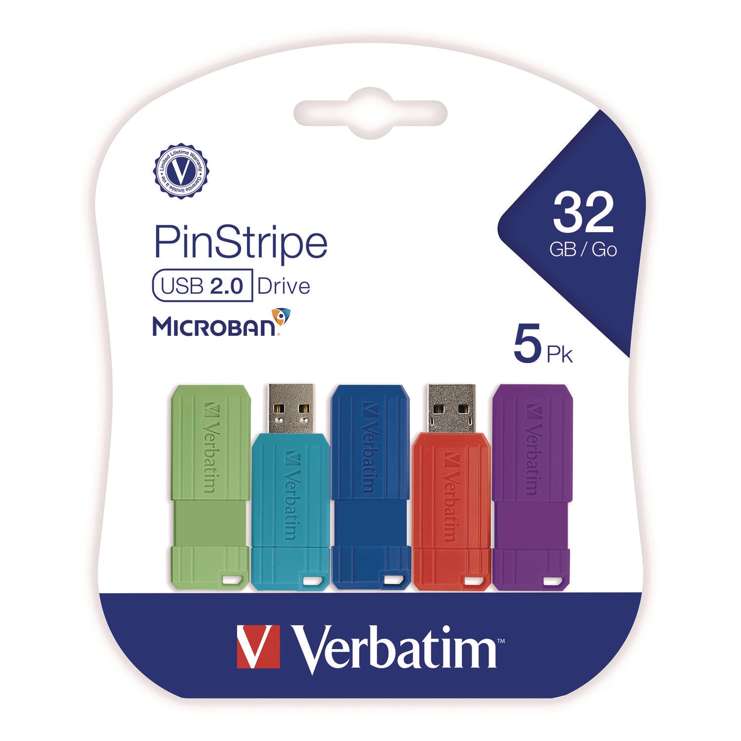 Verbatim® PinStripe USB 3.2 Flash Drive, 32 GB, Assorted Colors, 5/Pack