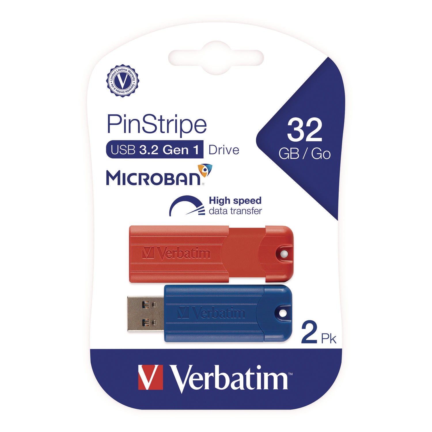 Verbatim® PinStripe USB 3.2 Flash Drive, 32 GB, Blue/Red, 2/Pack