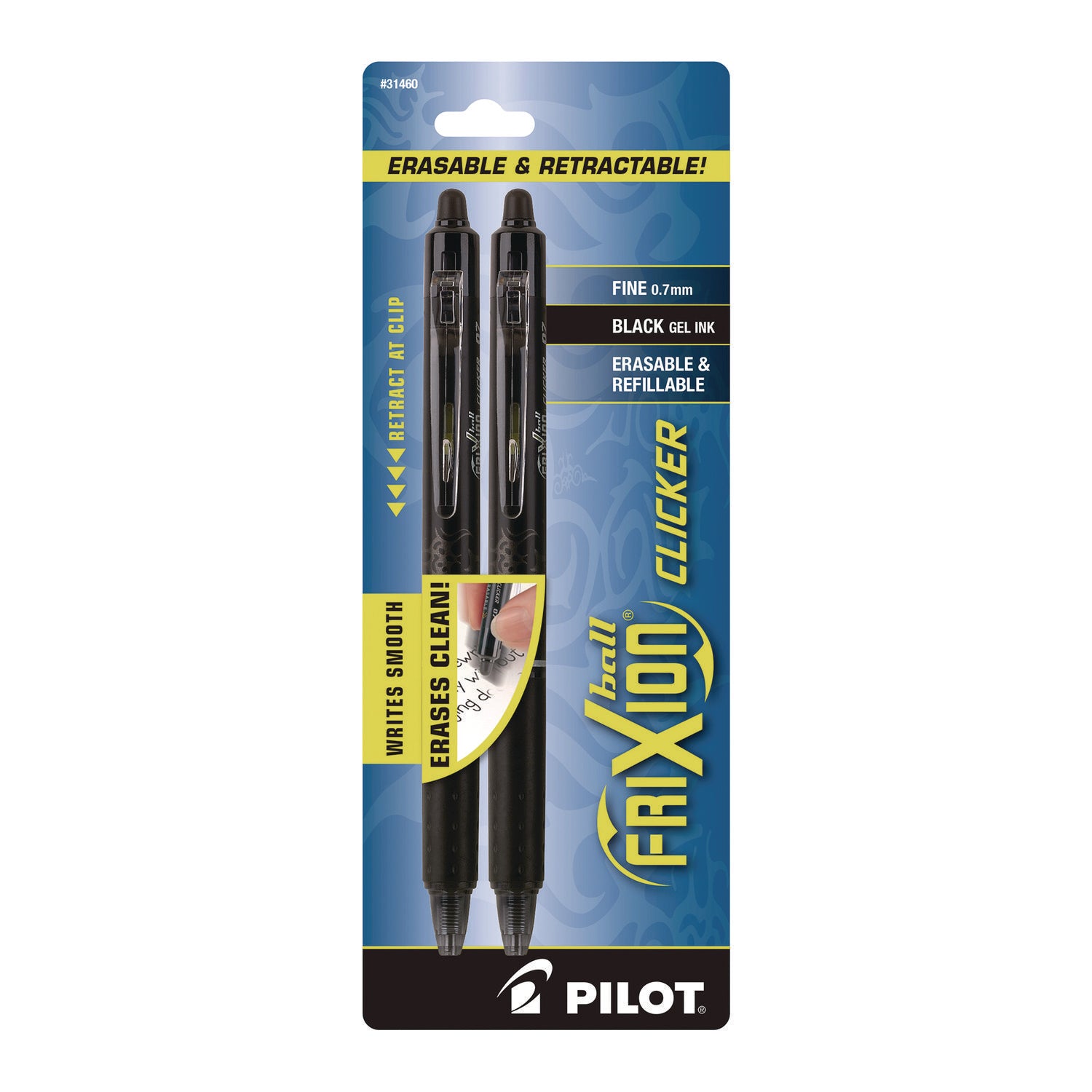 Pilot® FriXion Ball Clicker Erasable Gel Pen, Retractable, Fine 0.7 mm, Black Ink, Black Barrel, 2/Pack