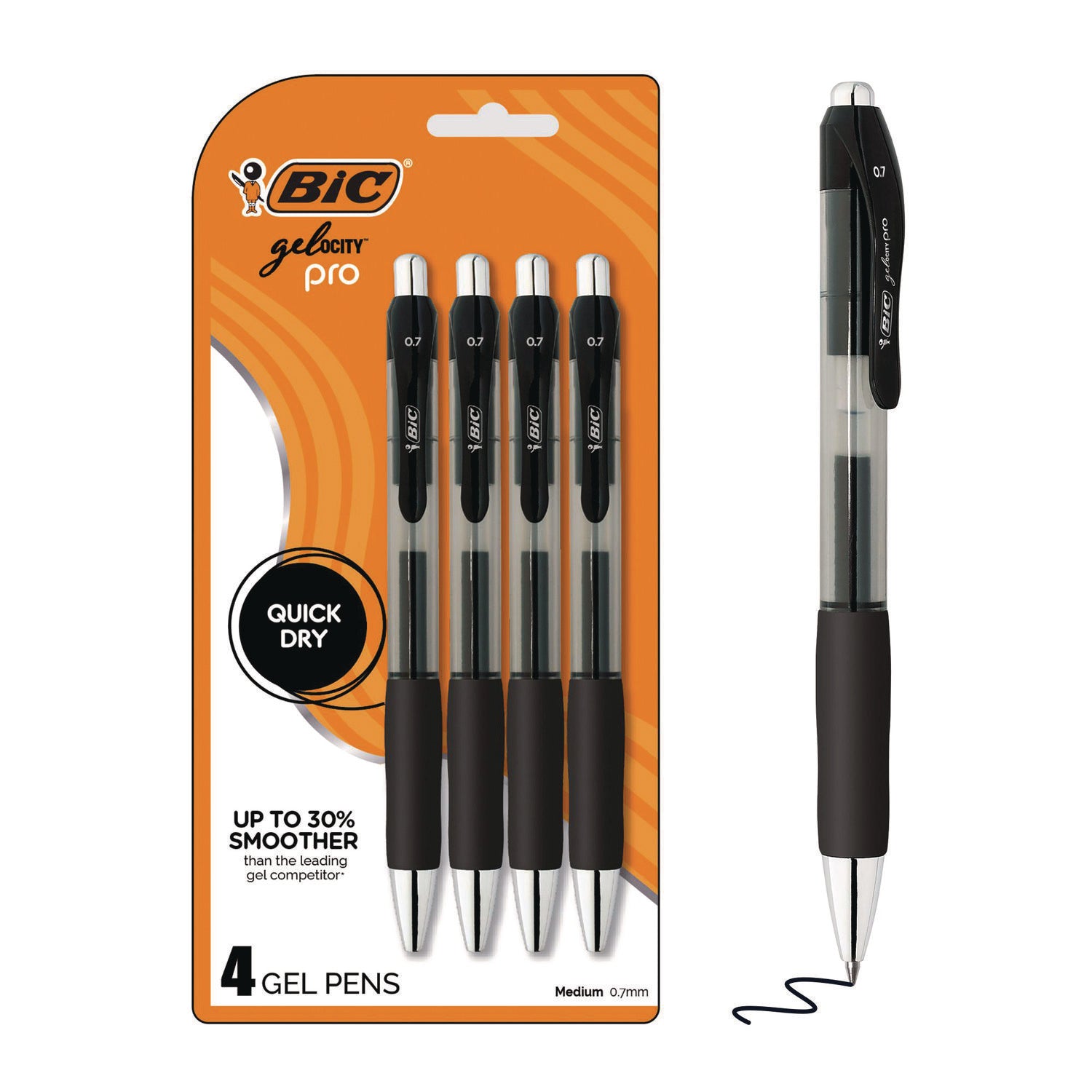 BIC® Gel-ocity Pro Gel Pen, Retractable, Medium 0.7 mm, Black Ink, Translucent Black/Black Barrel, 4/Pack