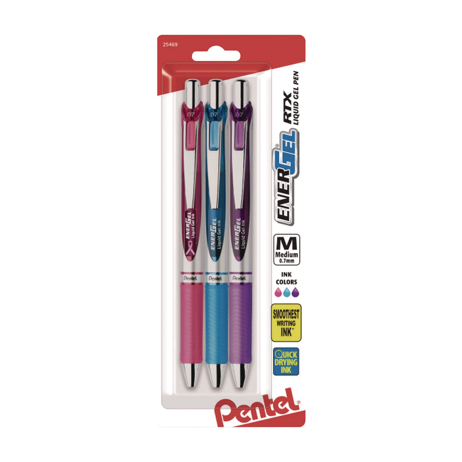 Pentel® EnerGel RTX Gel Pen, Retractable, Medium 0.7 mm, Assorted Pastel Ink and Barrel Colors, 3/Pack