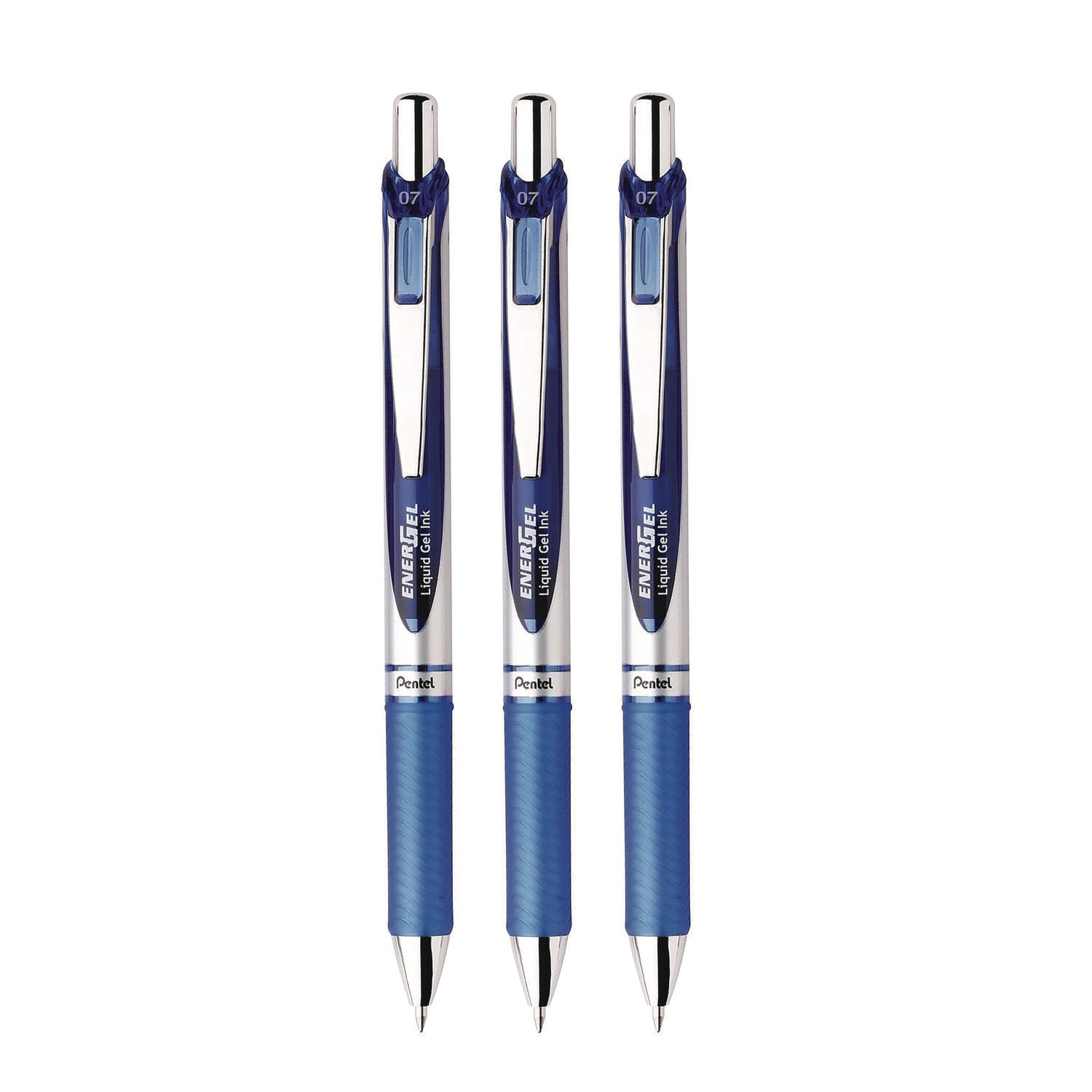 Pentel® EnerGel RTX Gel Pen, Retractable, Medium 0.7 mm, Blue Ink, Blue/Silver Barrel, 3/Pack