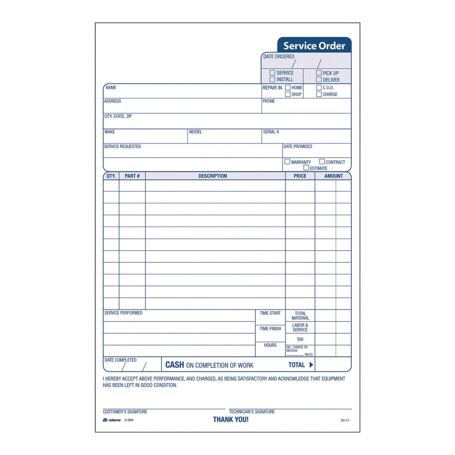Adams® Work Order Form, Three-Part Carbonless, 5.66 x 9, 250 Sets/Pack