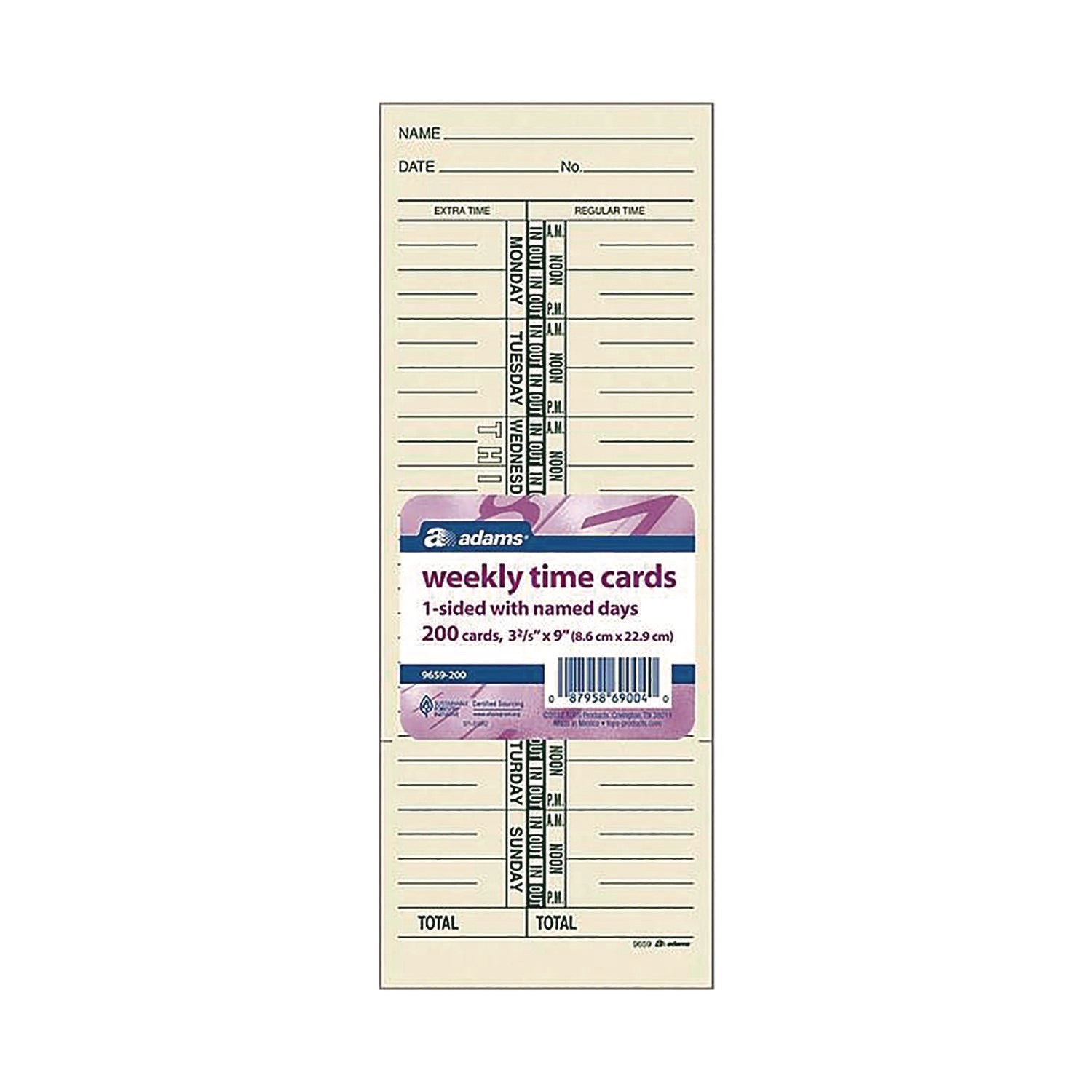 Adams® Time Cards for Acroprint, Amano and Lathem Time Clocks, One Side, 3.38" x 9", 200/Pack