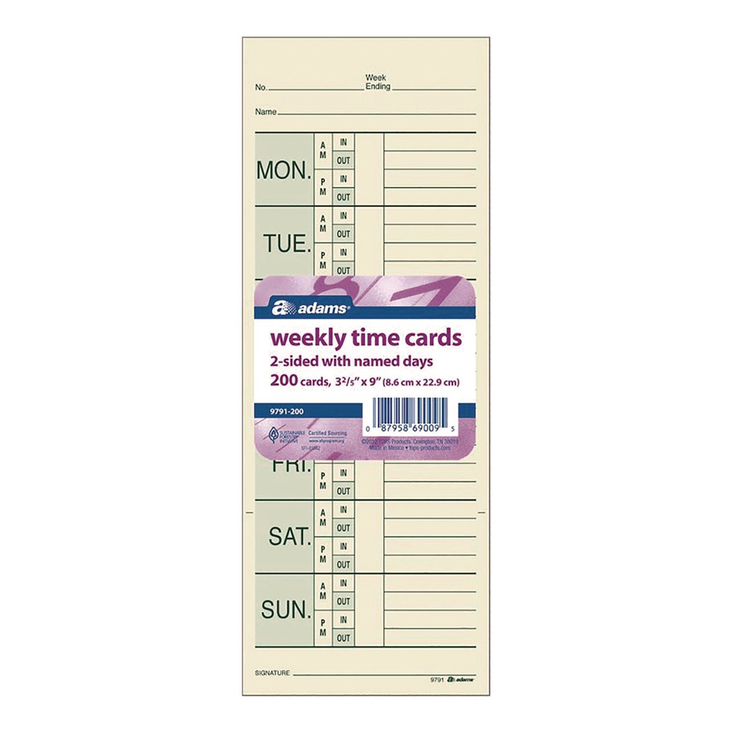Adams® Time Cards for Pyramid 1000 Time Clock, Two Sides, 3.38" x 9", 200/Pack