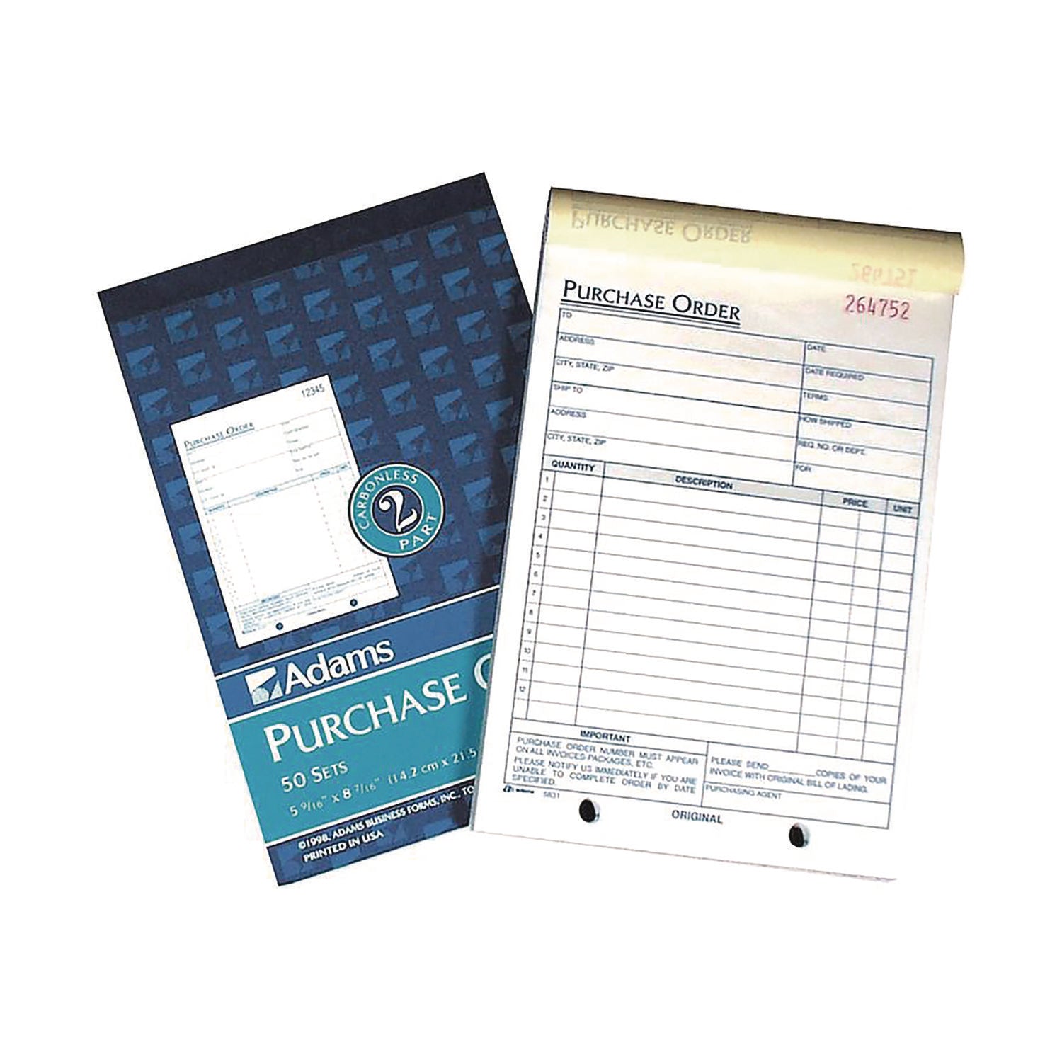 Adams® Multipart Purchase Order Pad, Two-Part Carbonless, 7.94 x 5.56, 50 Forms/Pad, 10 Pads/Pack