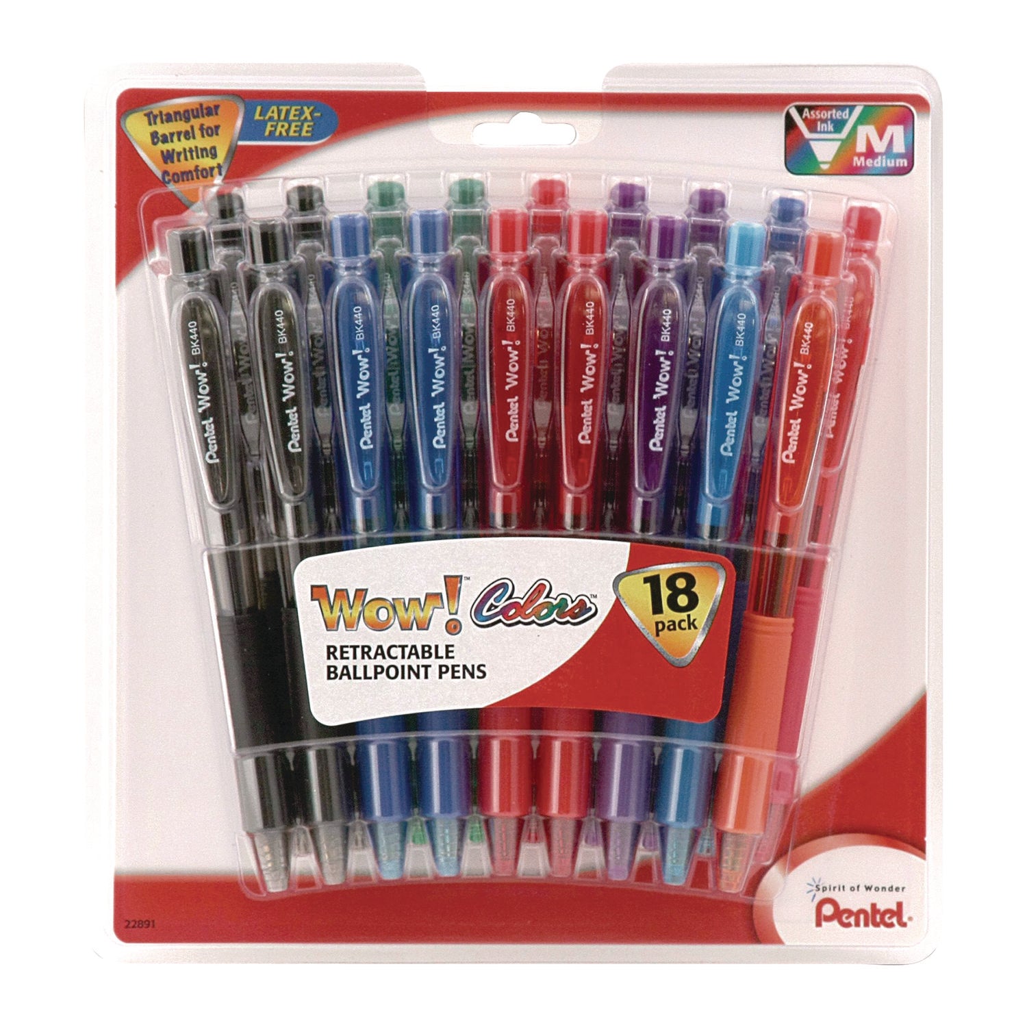 Pentel® WOW! Ballpoint Pen, Retractable, Medium 1 mm, Assorted Ink and Barrel Colors, 18/Pack