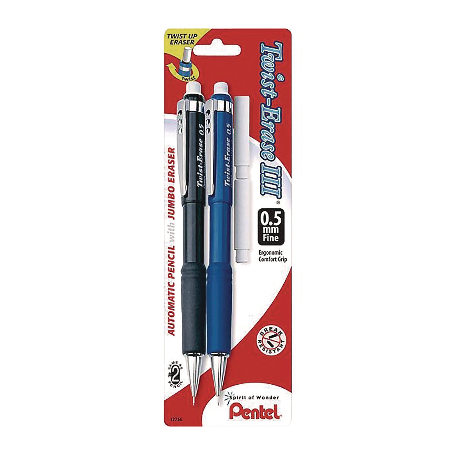 Pentel® Twist-Erase III Mechanical Pencil, 0.5 mm, HB (#2), Black Lead, Black/Blue Barrel, 2/Pack
