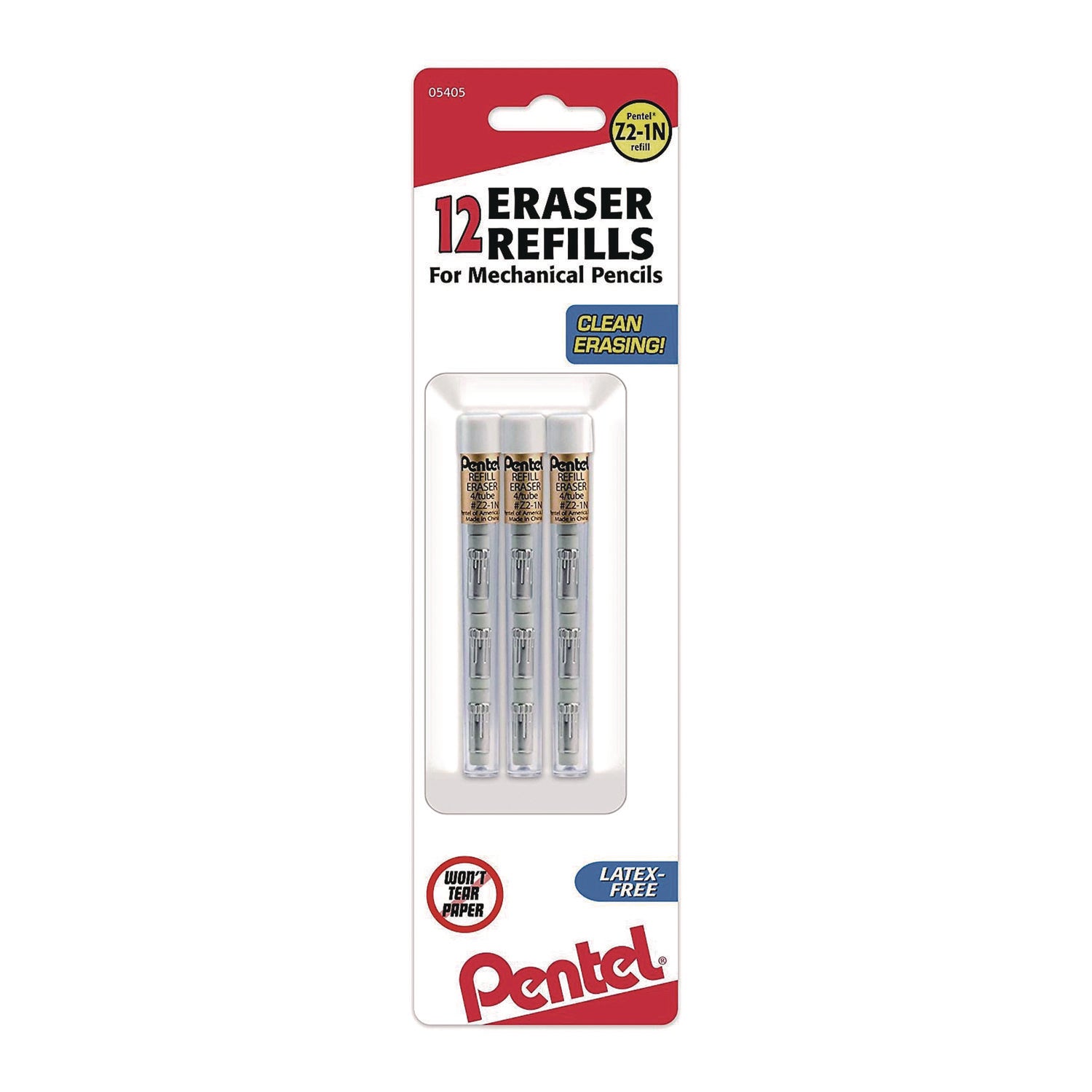 Pentel® Eraser Refills for Sharp Kerry/EnerGize-X/Wow Pencil/Gizmo/Cushi/Hot Shots/Technica-X, White, 4/Tube, 3 Tubes/Pack