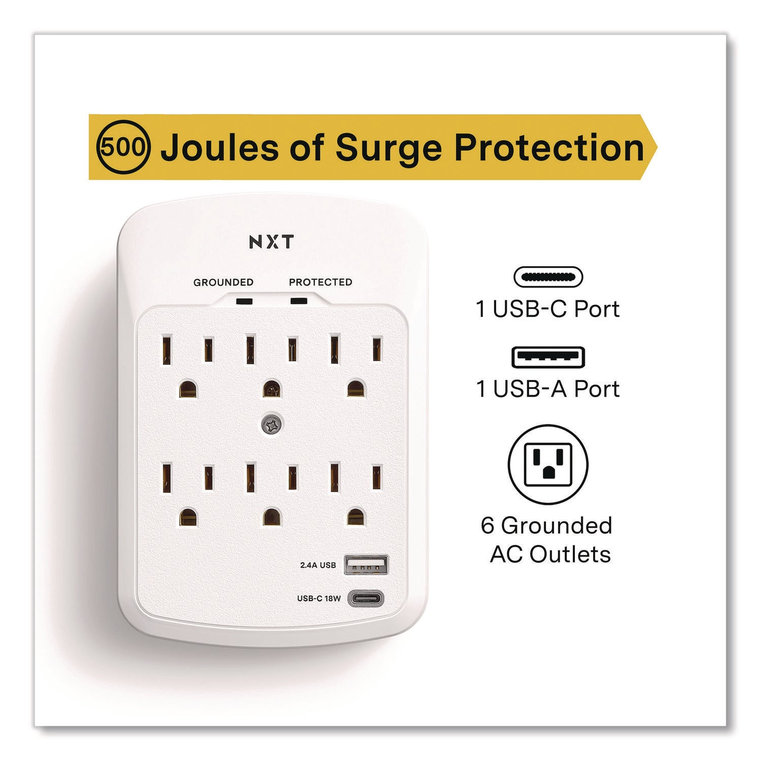 NXT Technologies™ 6-Outlet Plus USB Outlet Surge Protector, 6 AC Outlets/2 USB Outlets, 900 J, White