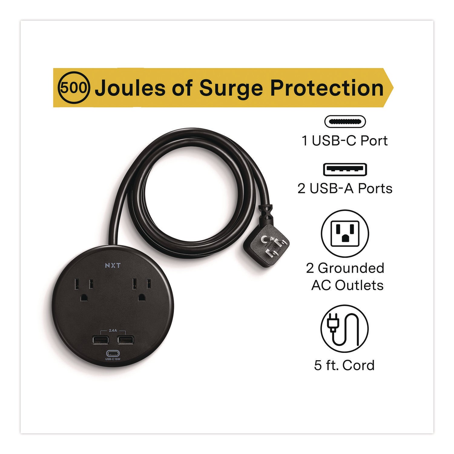 NXT Technologies™ 2-Outlet Plus USB Surge Protector, 2 AC Outlets/3 USB Outlets, 5 ft Cord, 500 J, Black