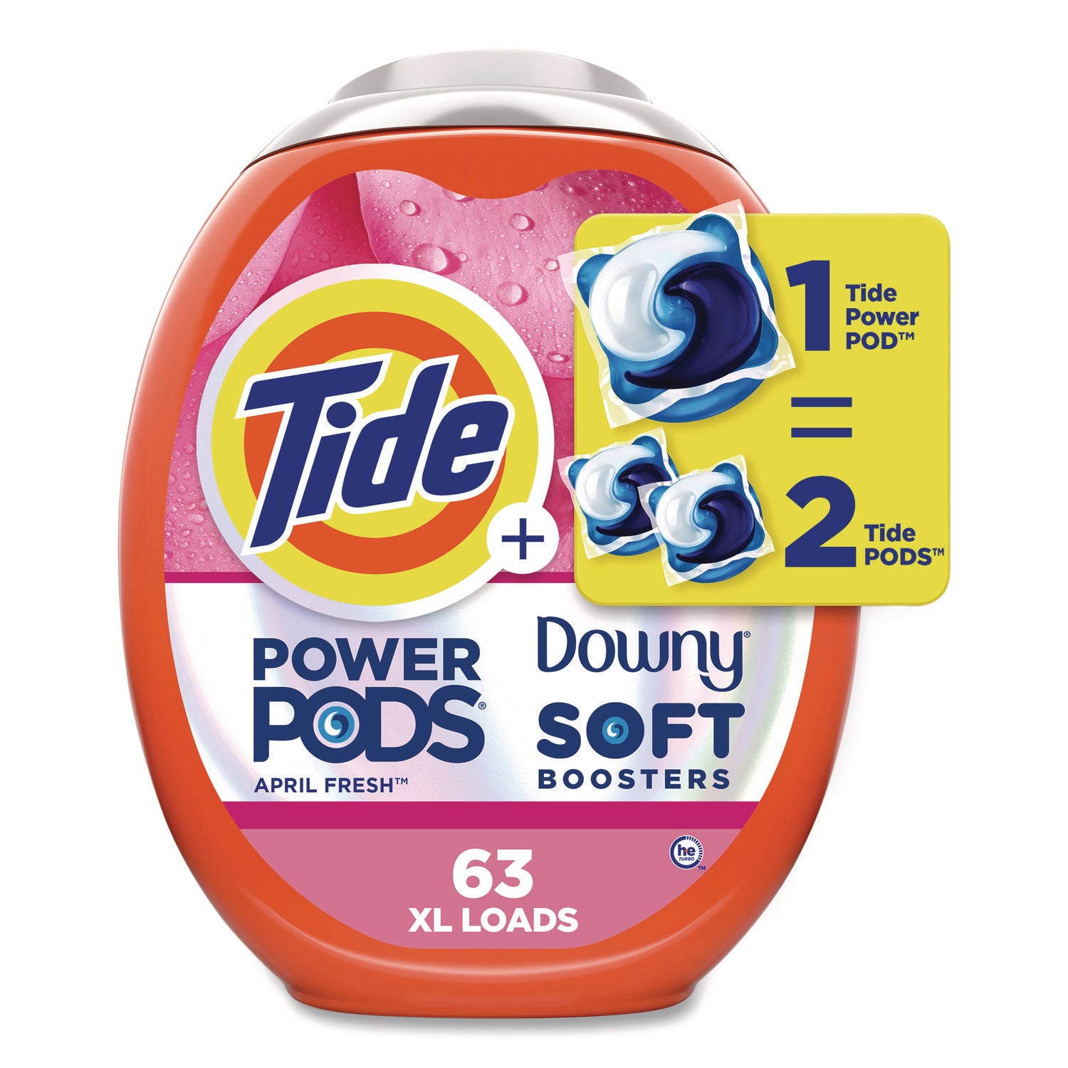 Tide® Power PODS Plus Downy Laundry Detergent, April Fresh Scent, 98 oz Tub, 63 Pods/Tub