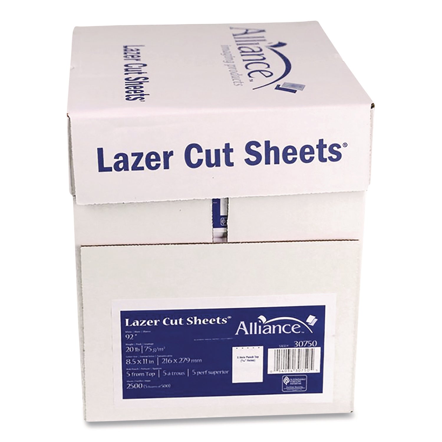 Alliance Laser Cut Sheets, 92 Bright, Side: 5-Hole Punched, 20 lb Bond Weight, 8.5 x 11, White, 500 Sheets/Ream, 5 Reams/Carton