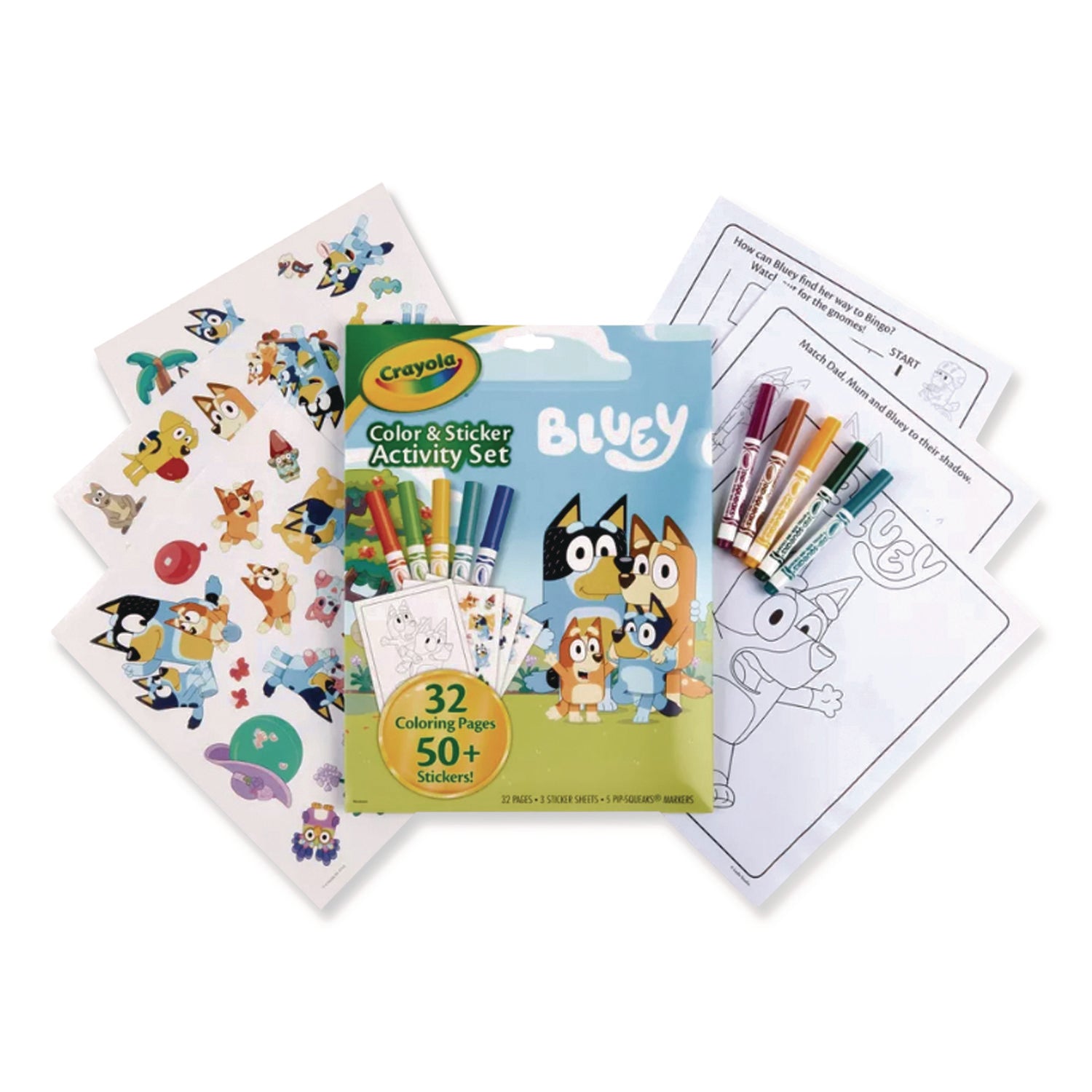 Crayola® Bluey Color and Sticker Activity Set, (32) Coloring Sheets, (51) Stickers, (5) Pip-Squeaks Markers